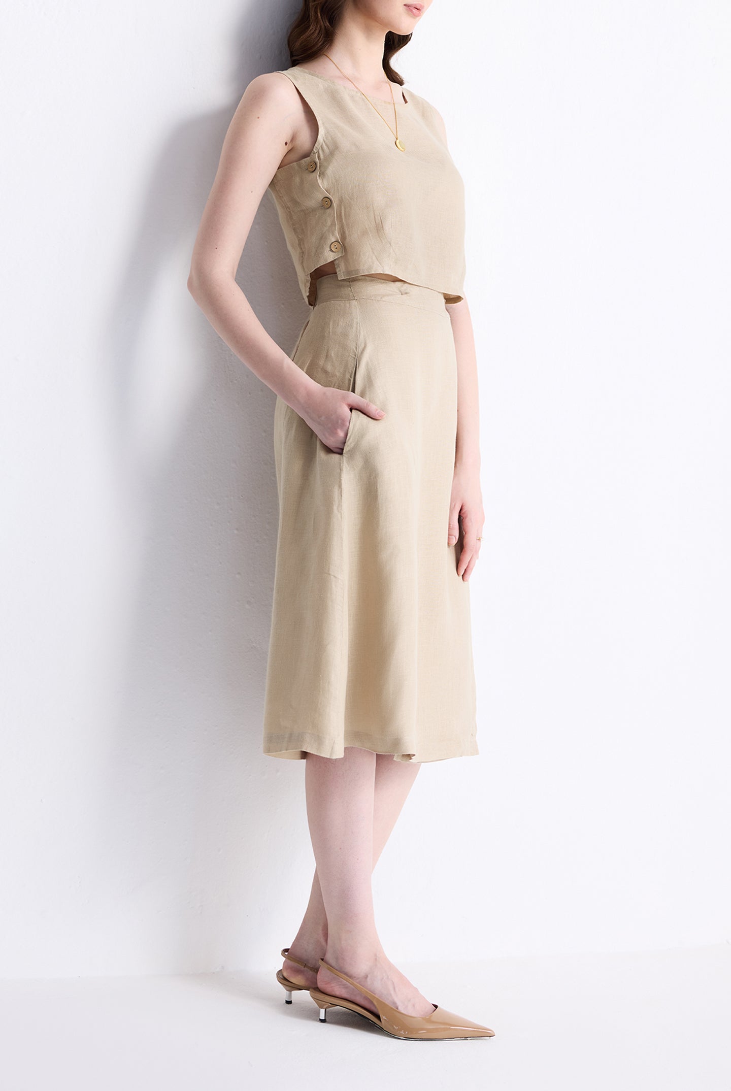 Overlap Midi Skirt in Neutral Beige Long Shot