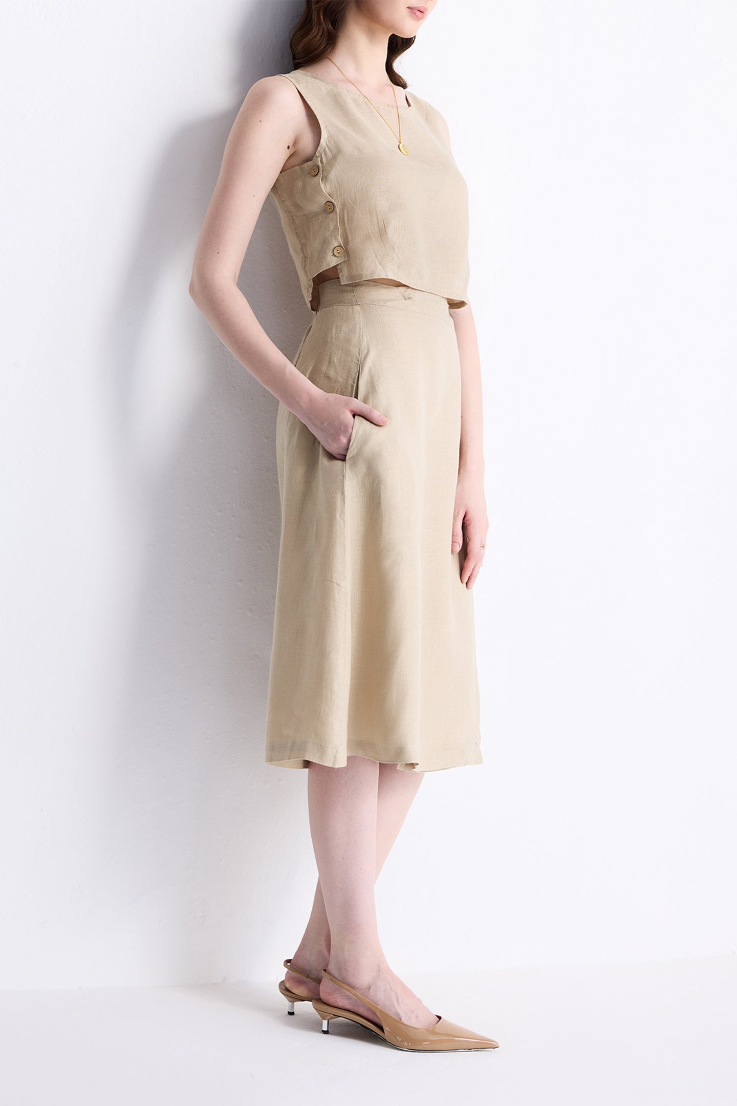 Overlap Midi Skirt in Neutral Beige Long Shot