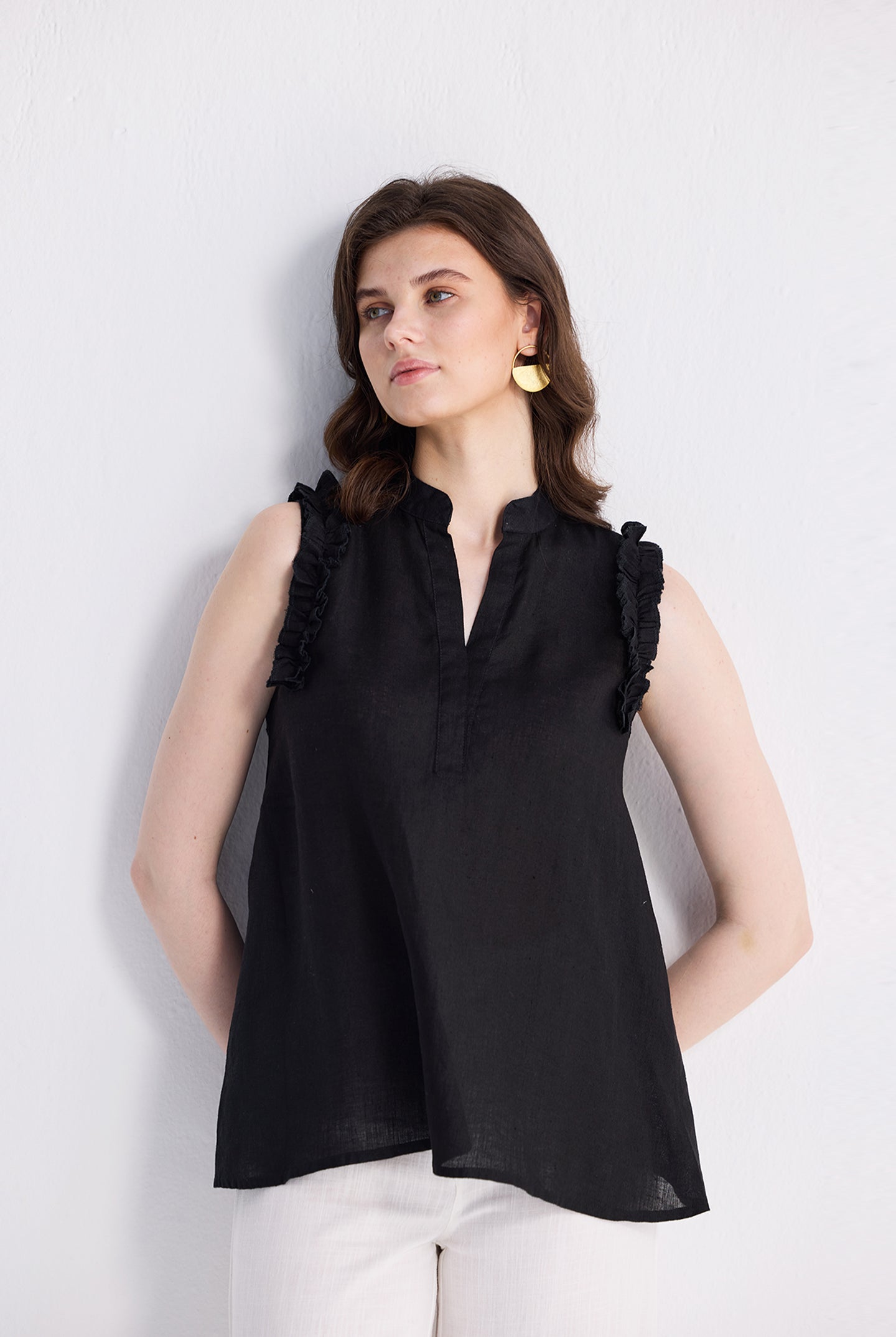 Sleeveless Hemp Top with Ruffles in Black Medium Shot