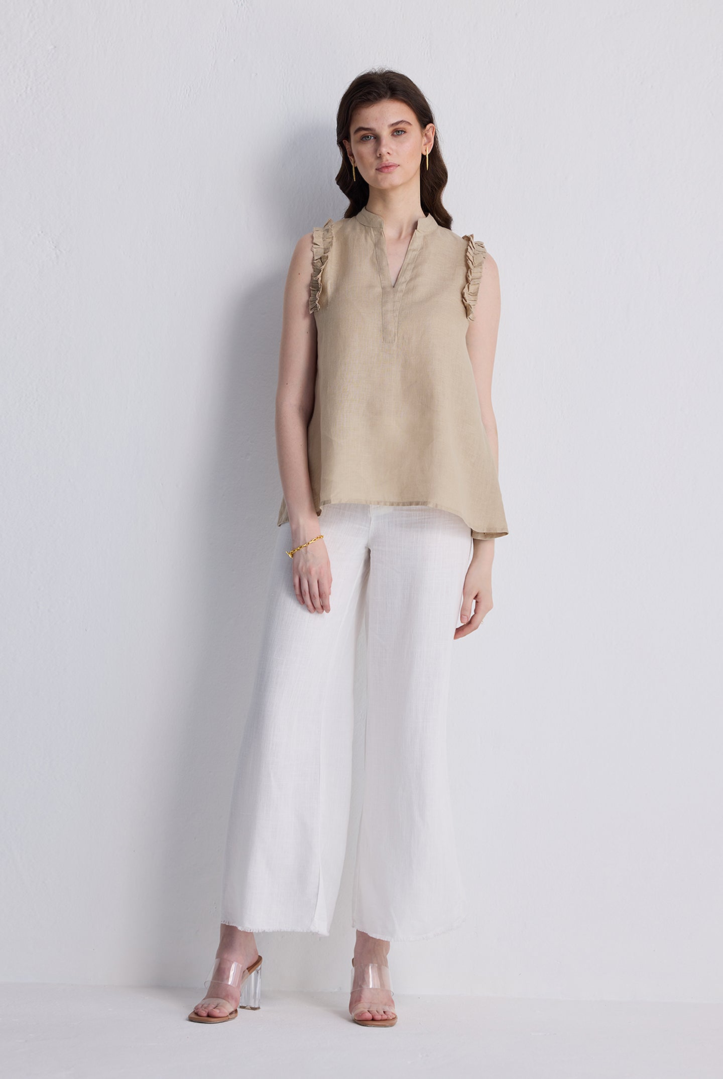 Sleeveless Hemp Top with Ruffles in Neutral Beige Longshot
