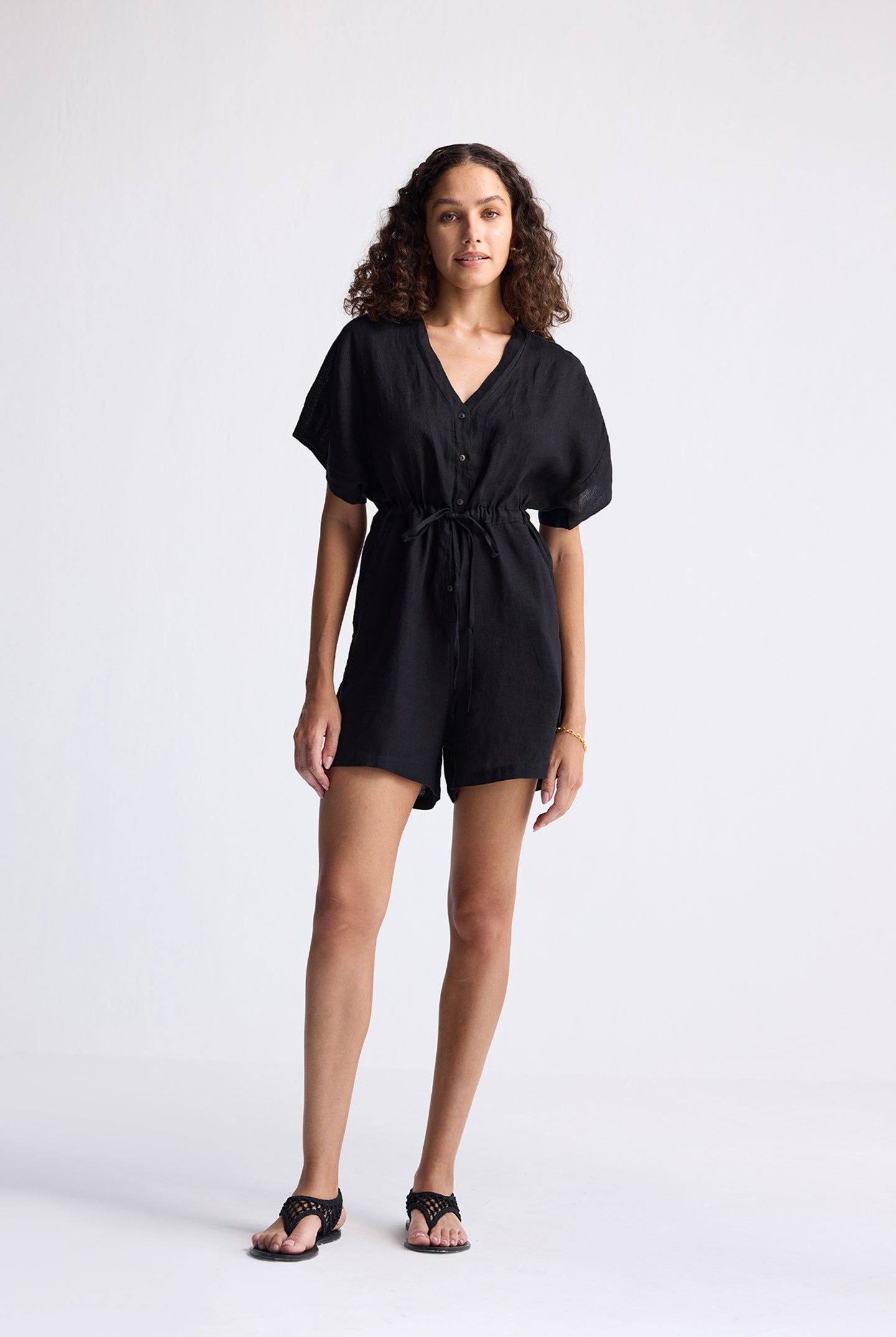 V neck Drawstring Romper in Black Long Shot