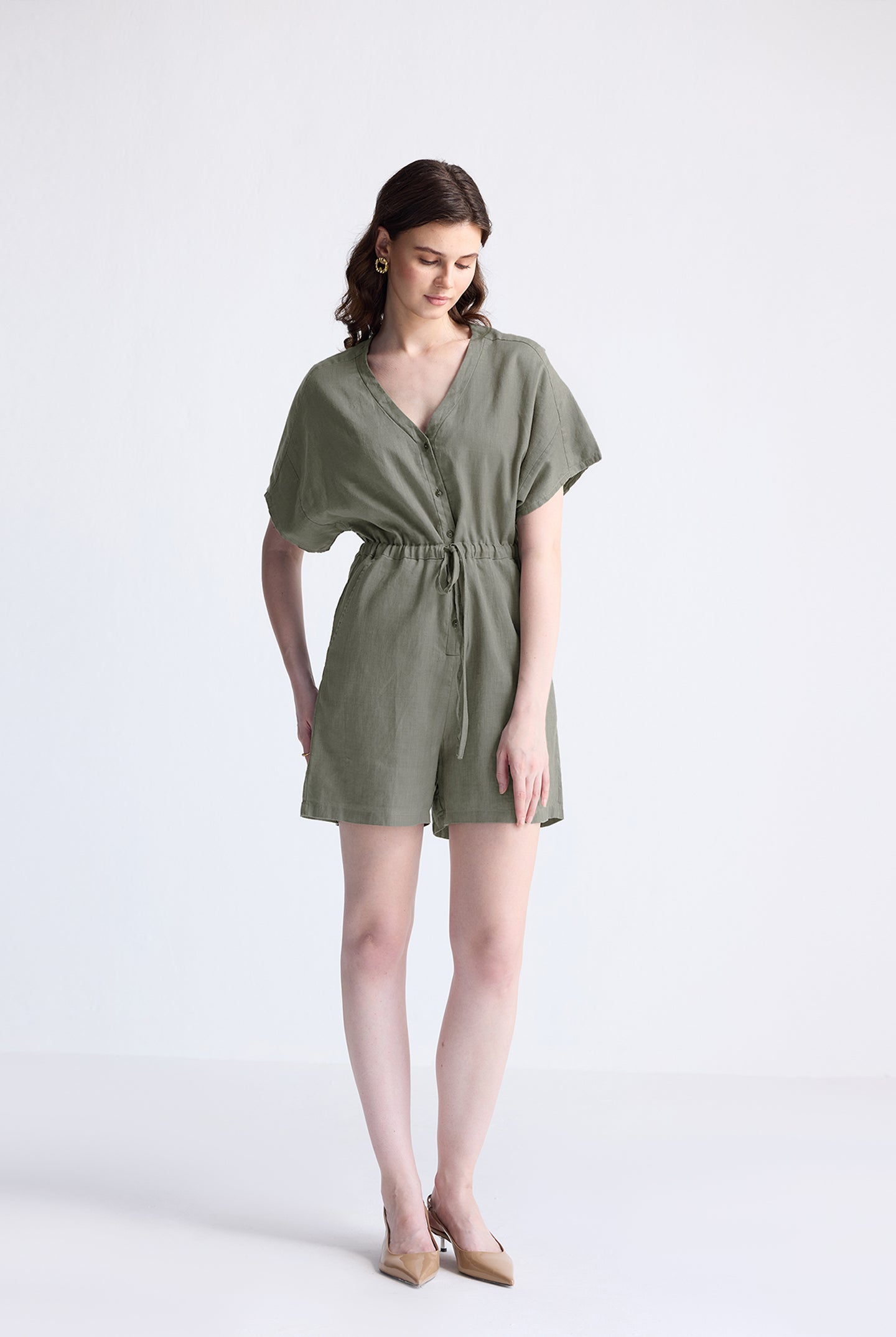 V neck Drawstring Romper in Dark Green Long Shot