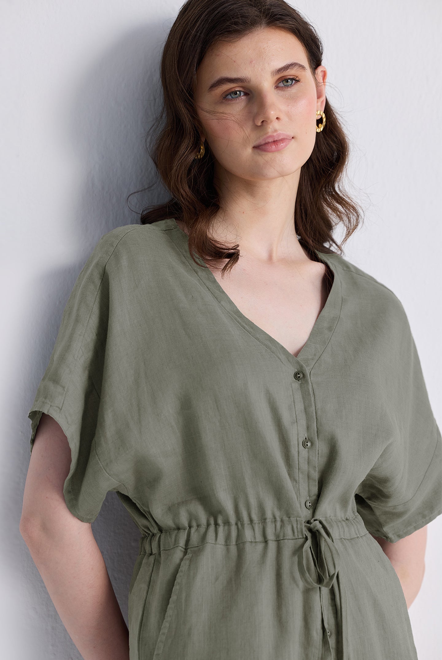 V neck Drawstring Romper in Dark Green Closeup