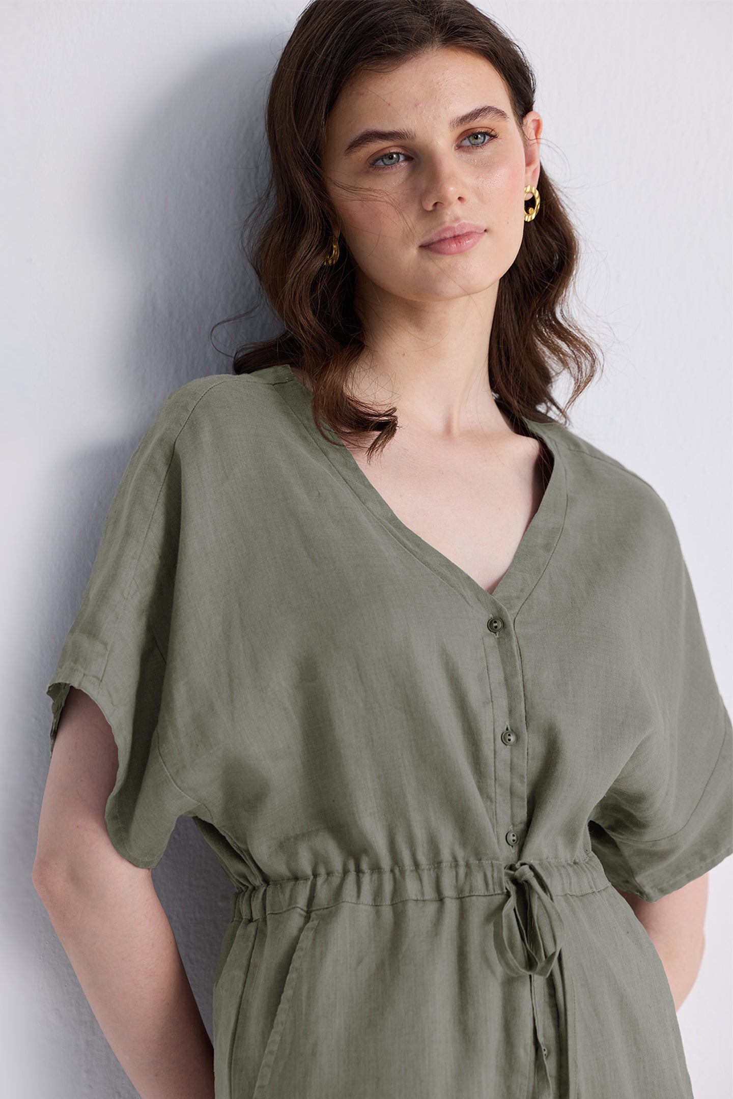 V neck Drawstring Romper in Dark Green Closeup