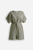 V neck Drawstring Romper in Dark Green Flat Lay
