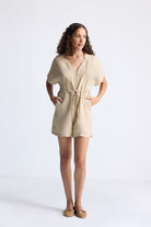 V neck Drawstring Romper in Neutral Beige Long Shot