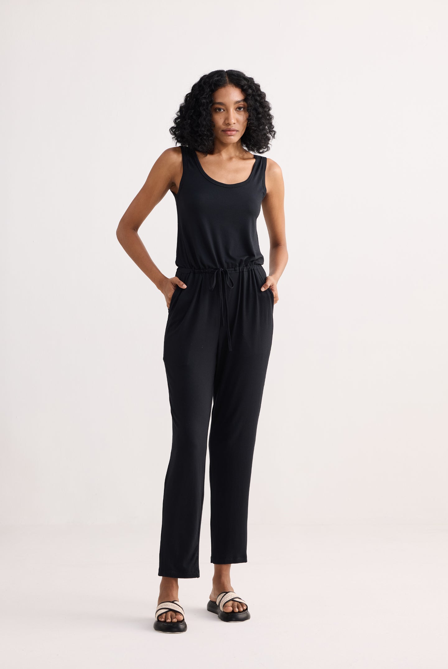 Relaxed Drawstring Jumpsuit in Black Longshot