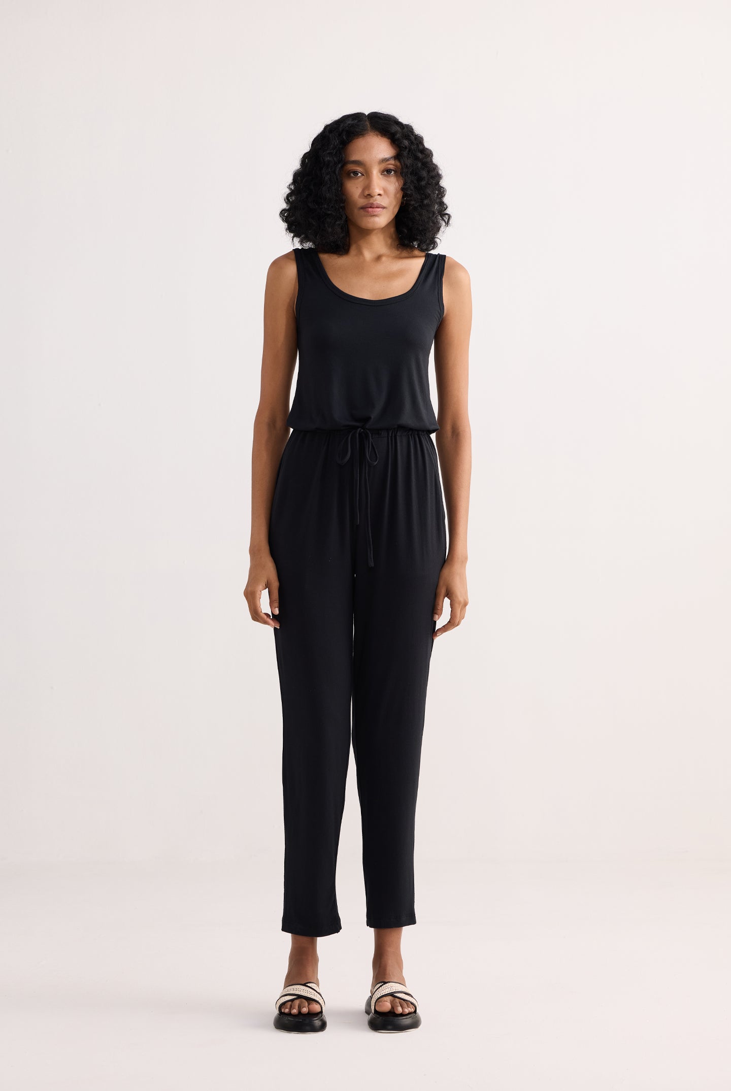 Relaxed Drawstring Jumpsuit in Black Longshot