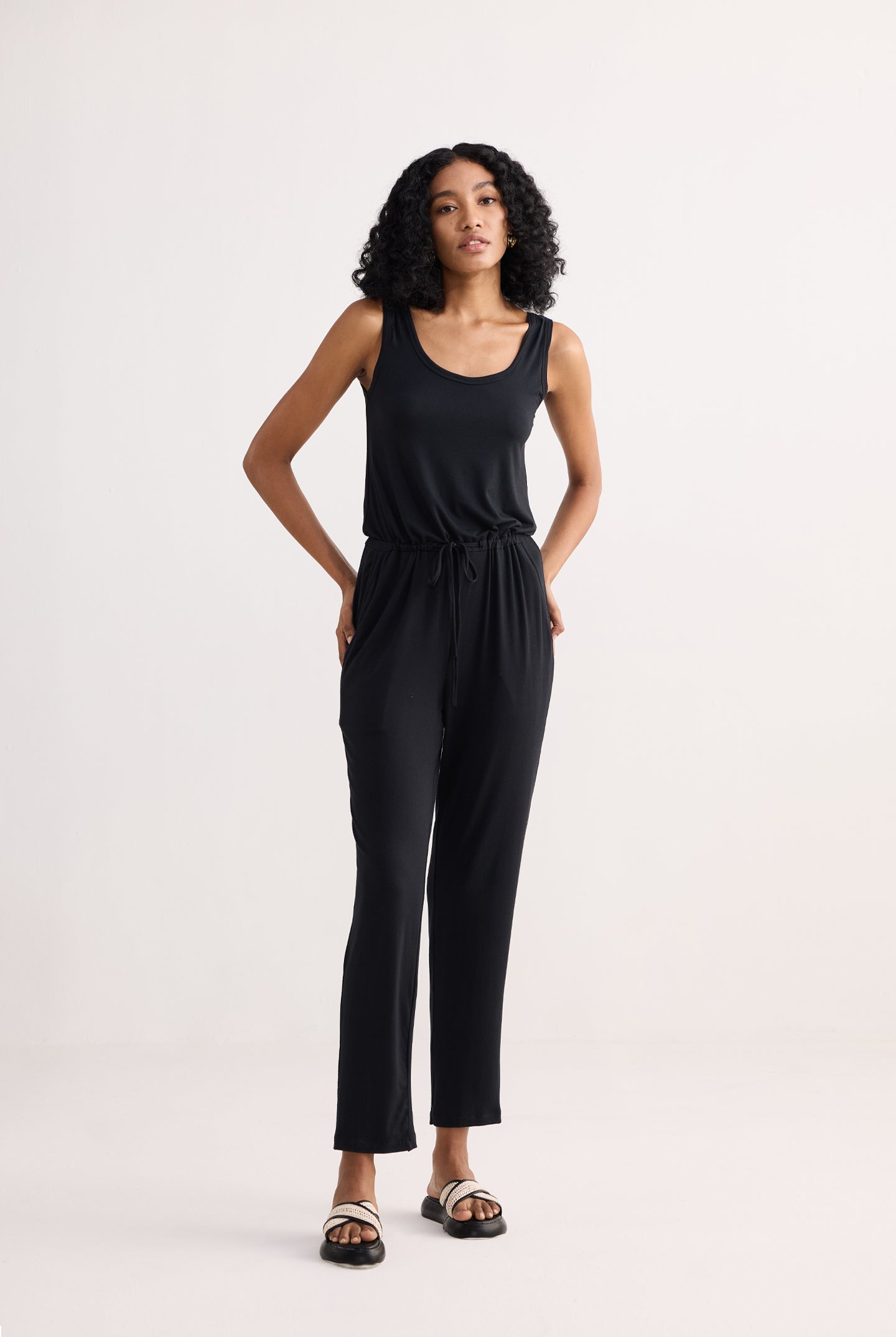 Relaxed Drawstring Jumpsuit in Black Longshot
