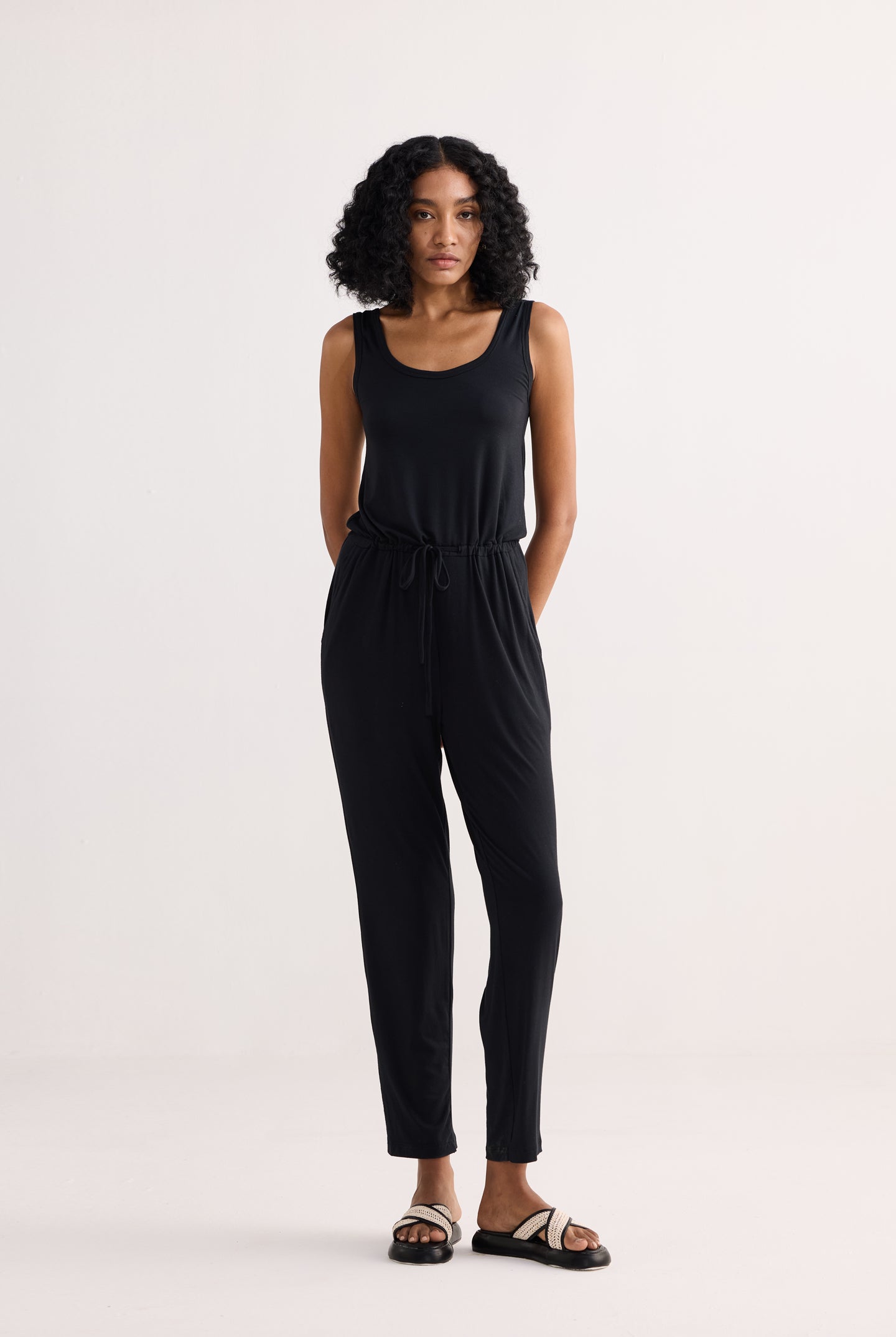 Relaxed Drawstring Jumpsuit in Black Longshot
