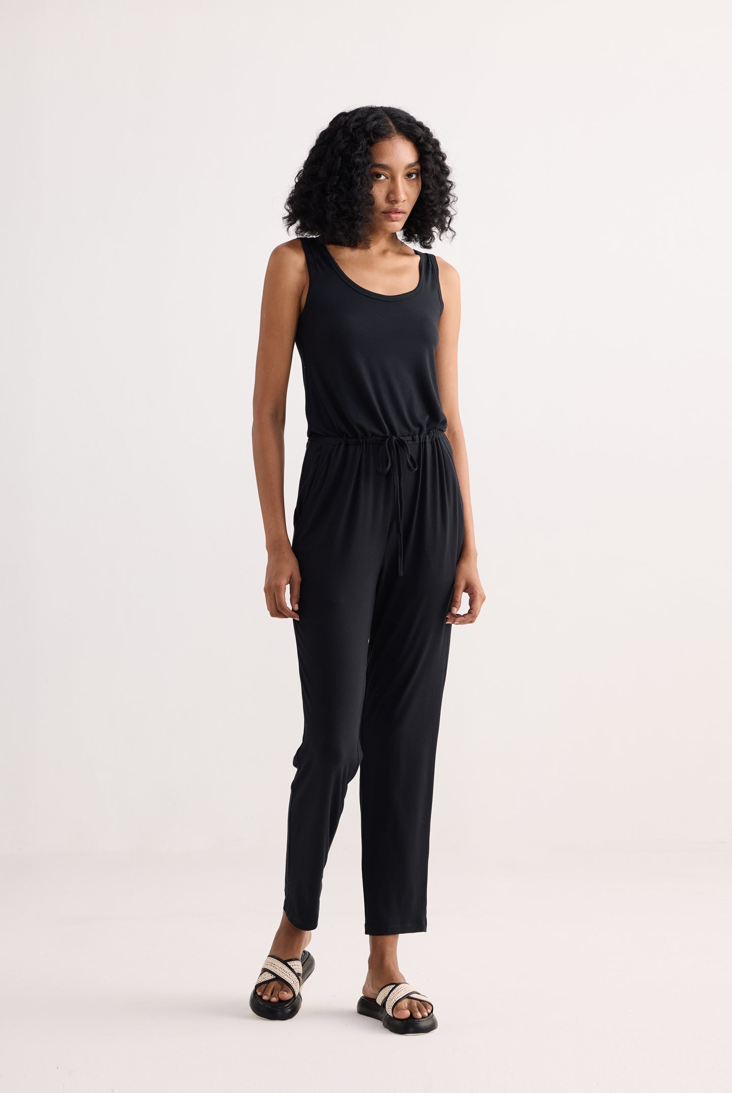 Relaxed Drawstring Jumpsuit in Black Longshot