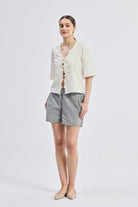 Relaxed Fit Top With Ruffles and Front-Ties in Cream Longshot