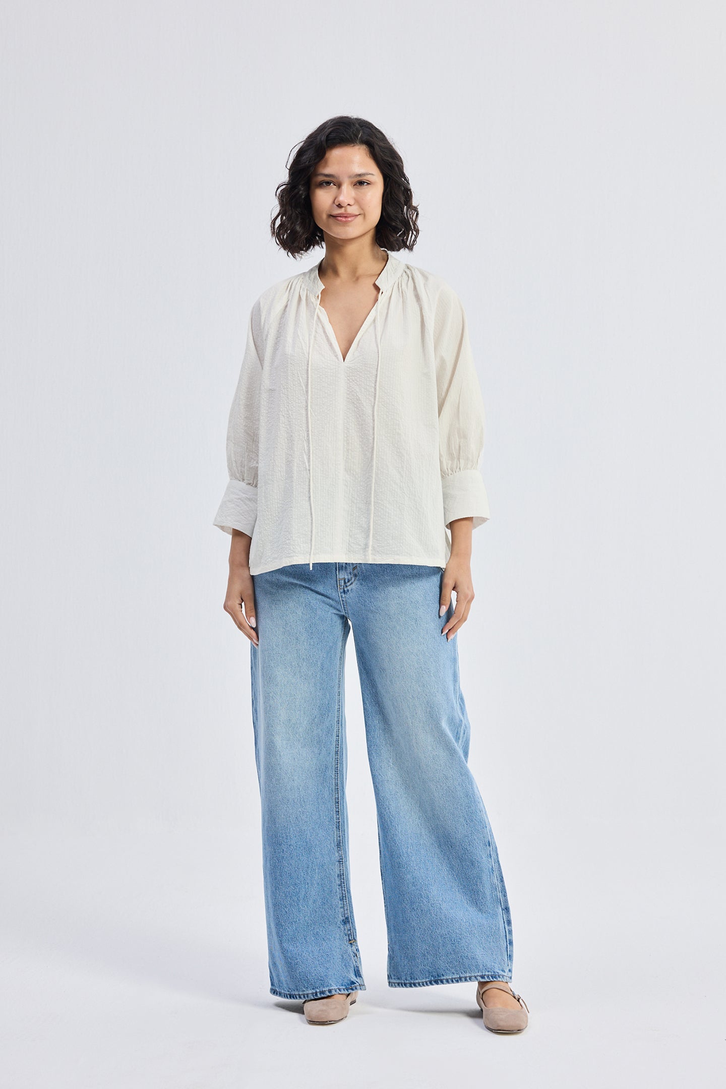 Relaxed Fit Top with Front-tie in Cream Longshot