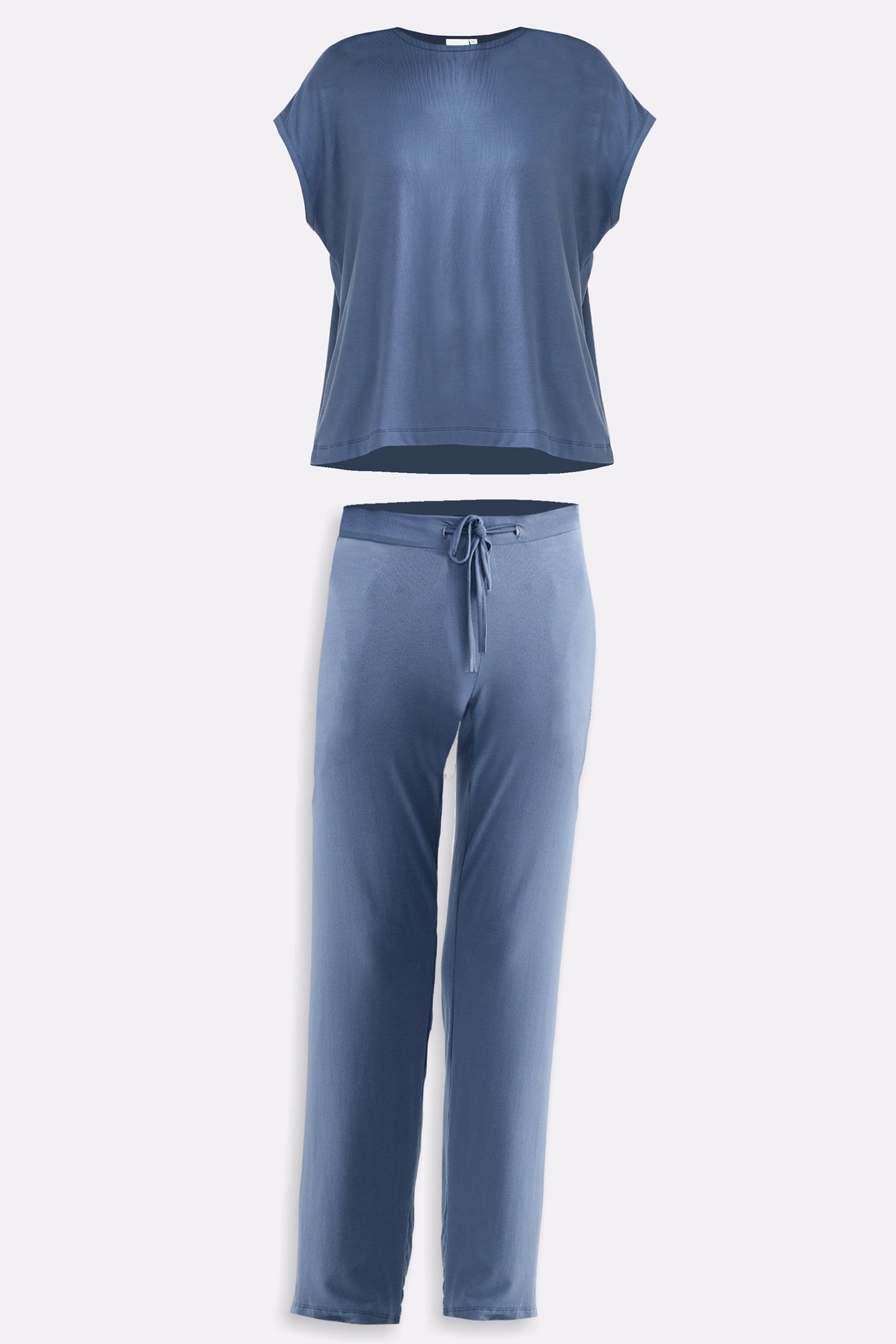 Blue sleeveless top and pants set on a white background