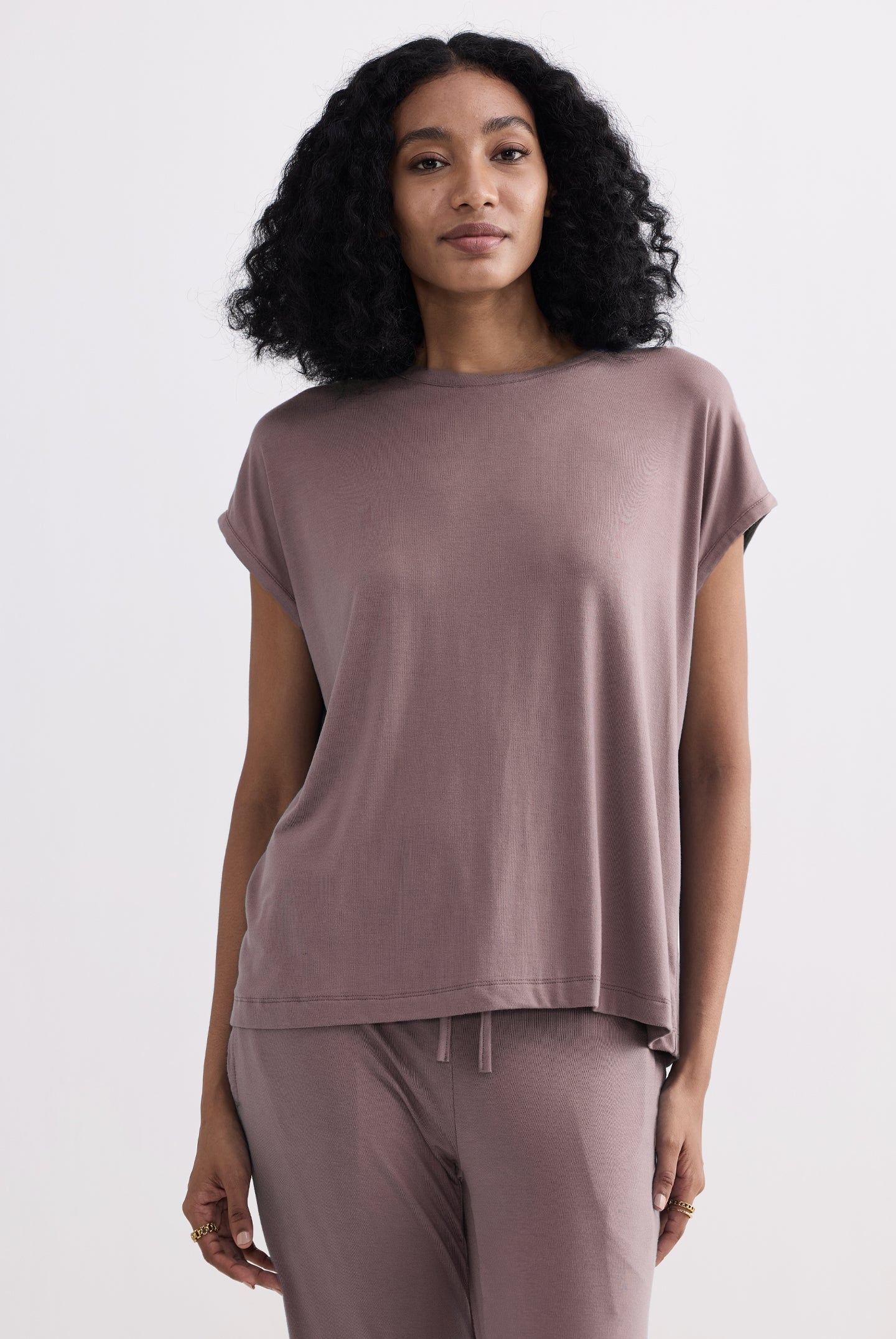 Front view of soft Relaxed Tee Set in Dusty Rose