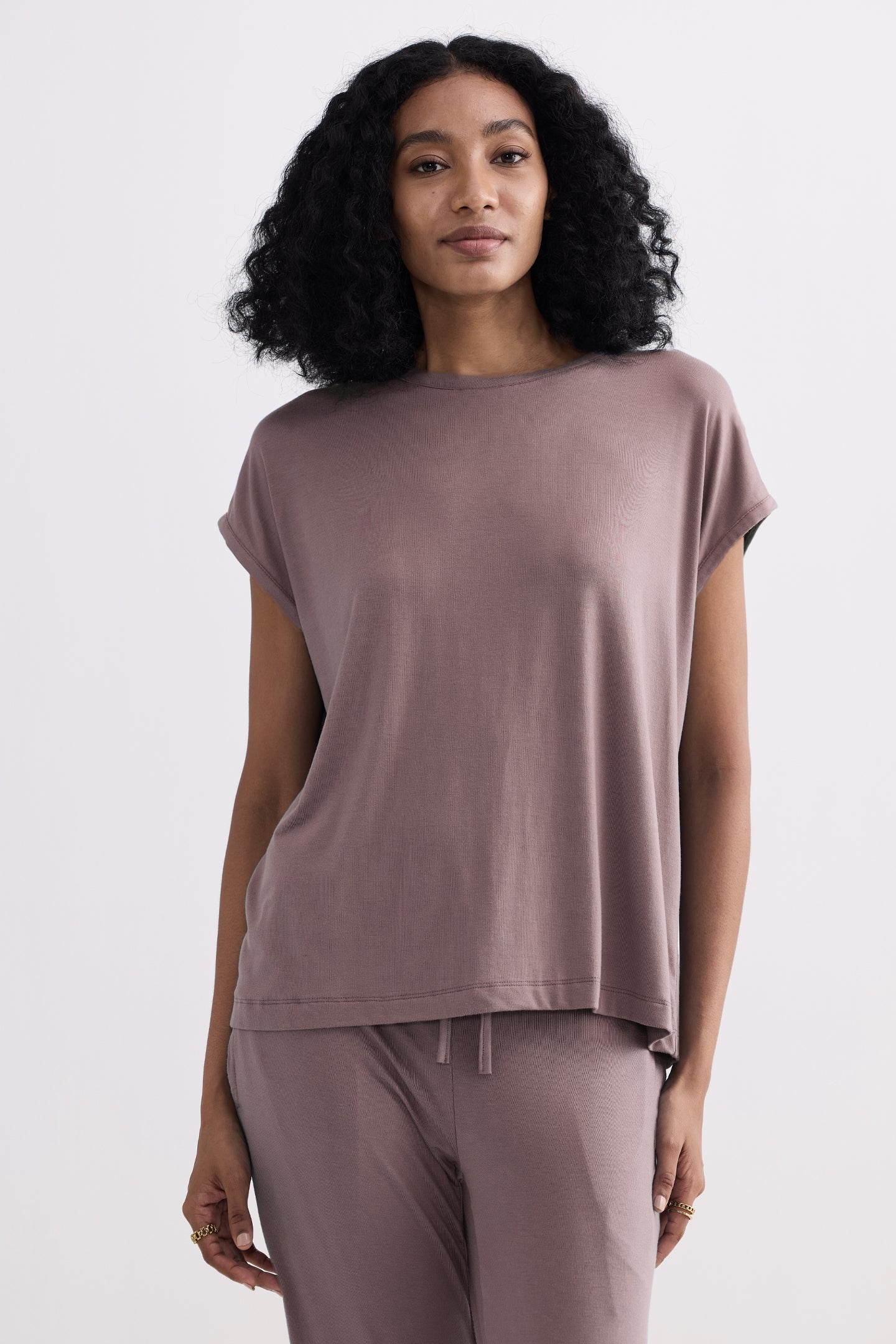 Front view of soft Relaxed Tee Set in Dusty Rose