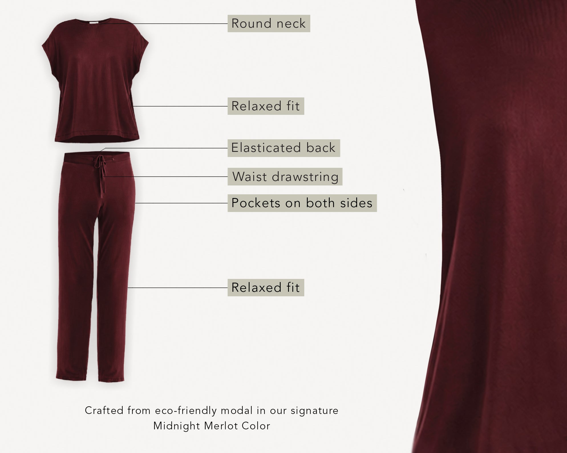 Merlot outfit with labels detailing features on a white background