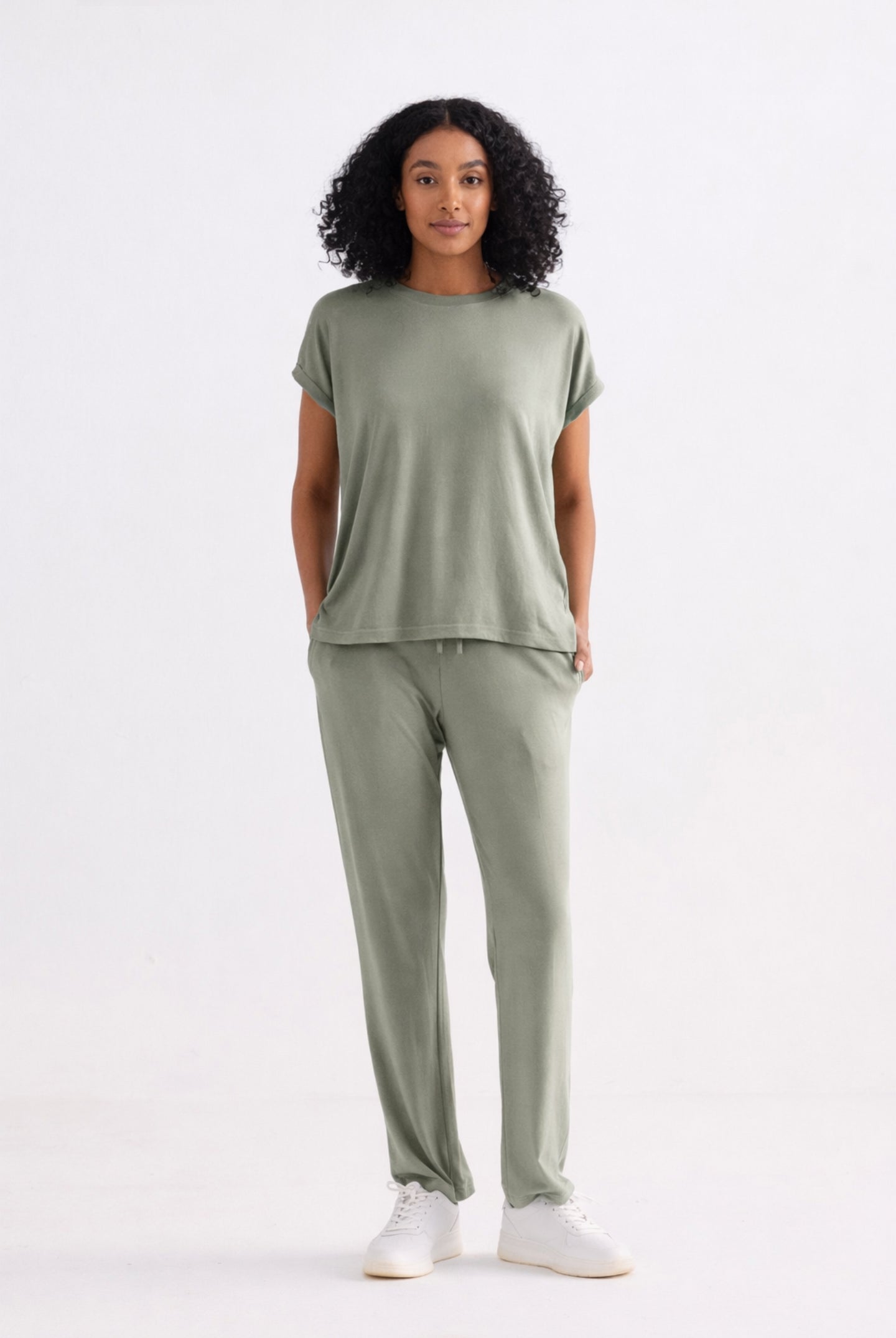 Relaxed Tee Set in Olive featuring a crew neck top and adjustable drawstring waist pants.