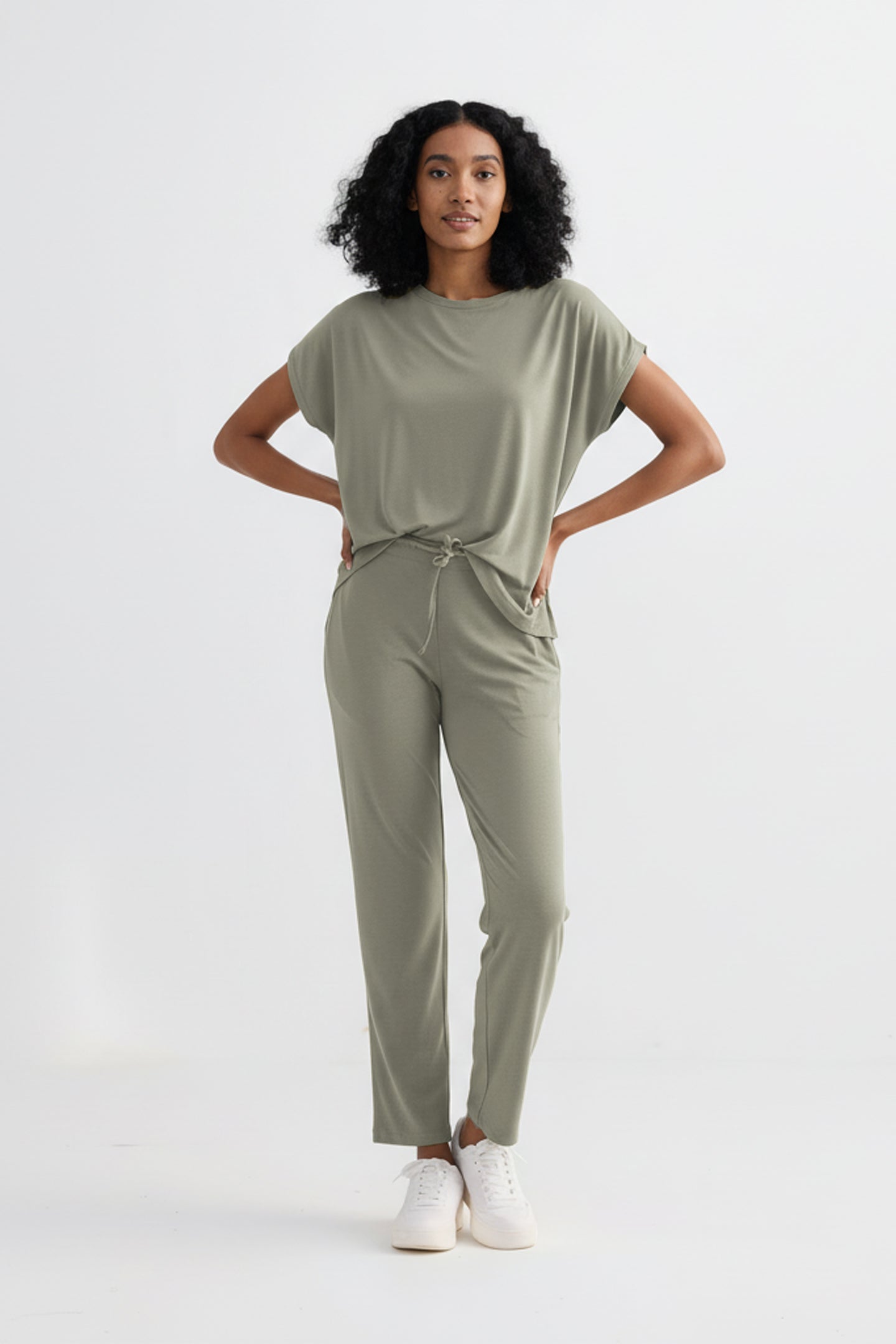 Close-up of the Relaxed Tee Set in Olive highlighting the soft texture and olive green color.
