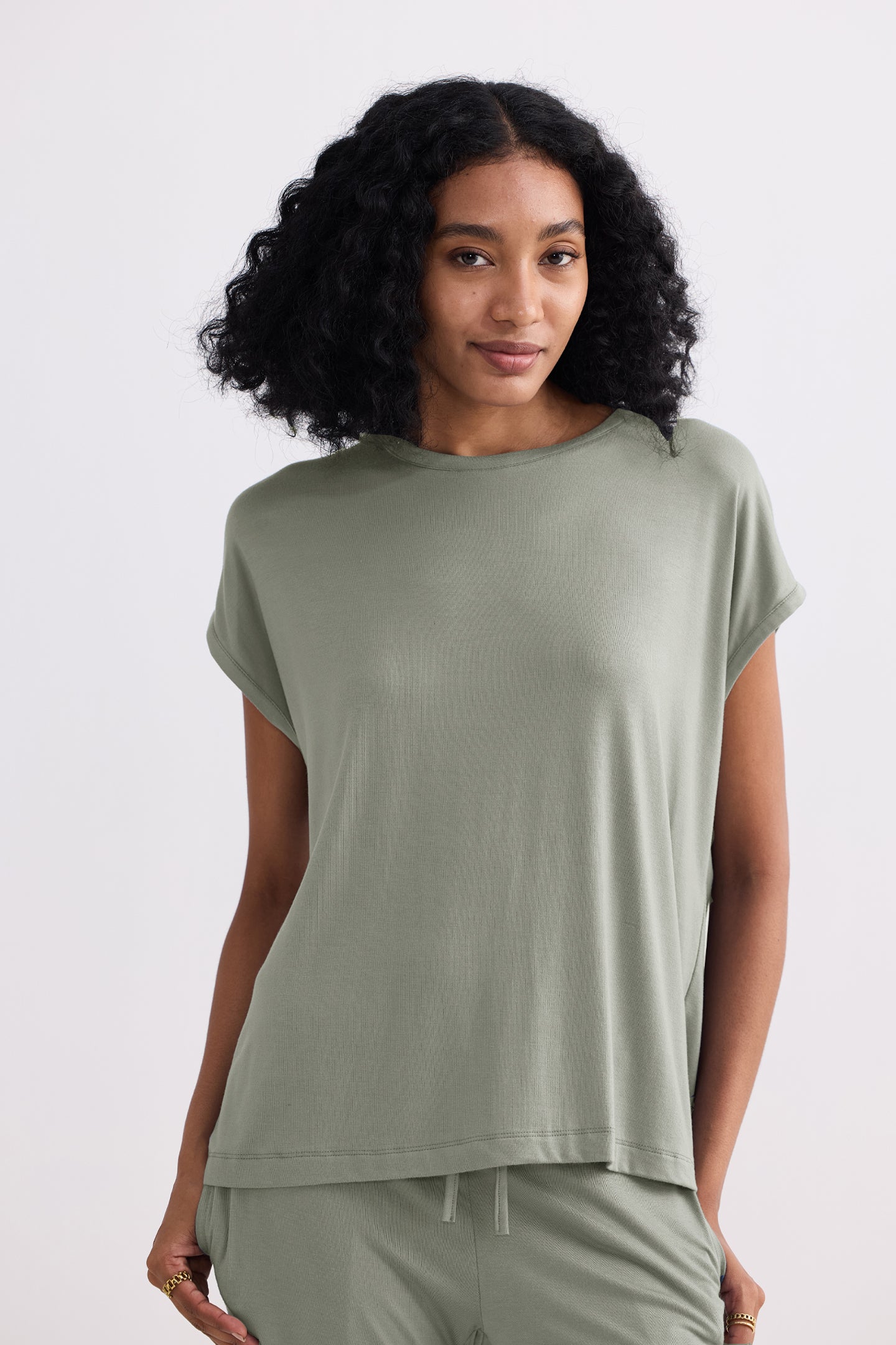 Relaxed Tee Set in Olive – front view, designed for a soft, relaxed, and comfortable feel.
