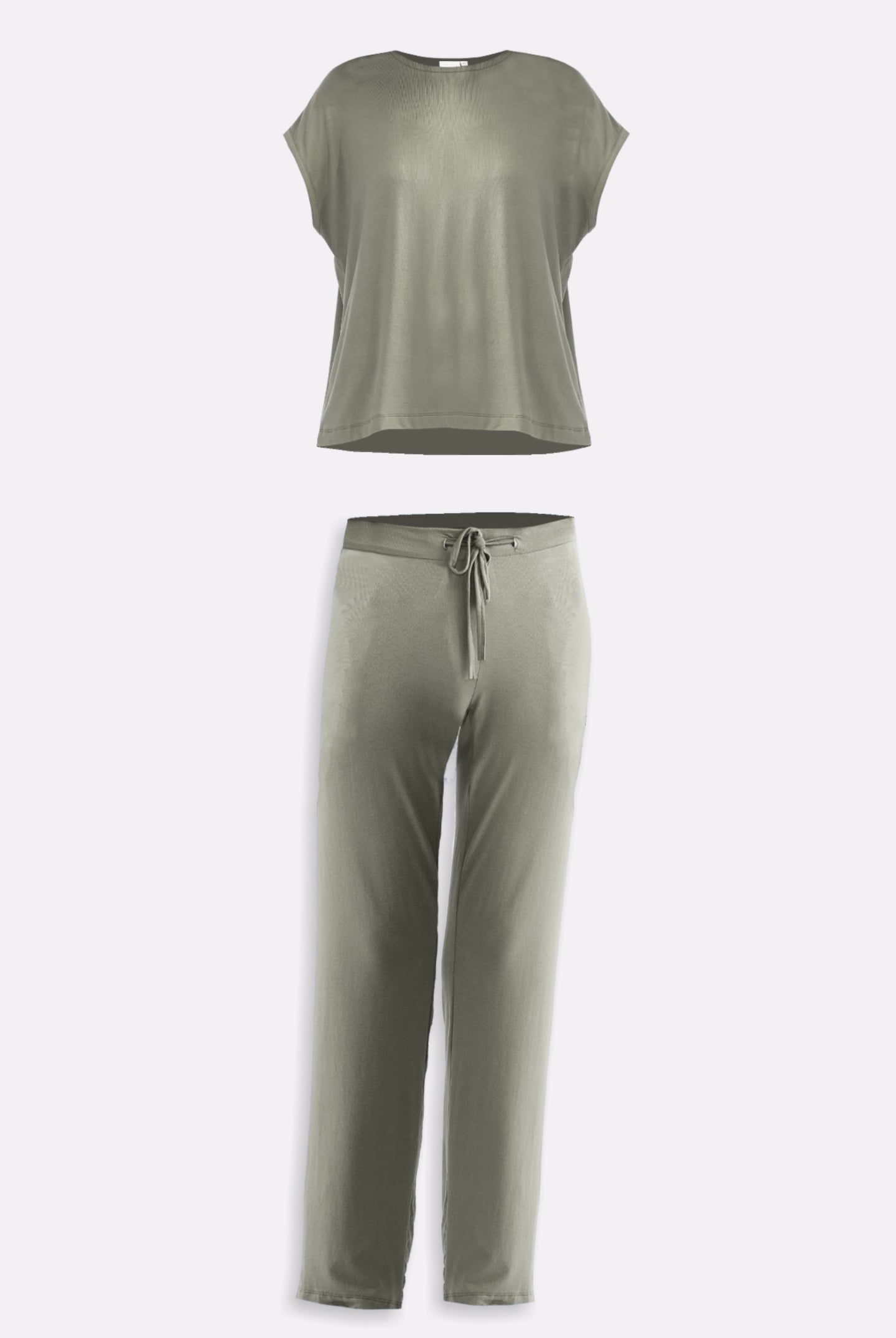 The Relaxed Tee Set in Olive, a durable and versatile two-piece everyday collection for lounging or travel.