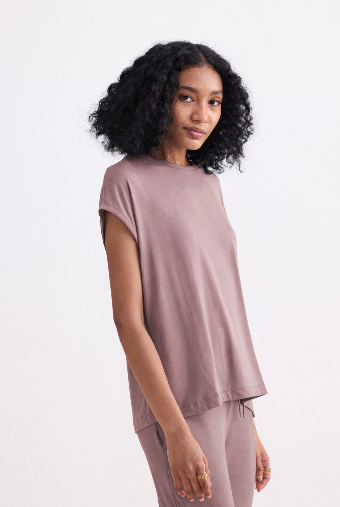 Dusty rose relaxed fit tee side view
