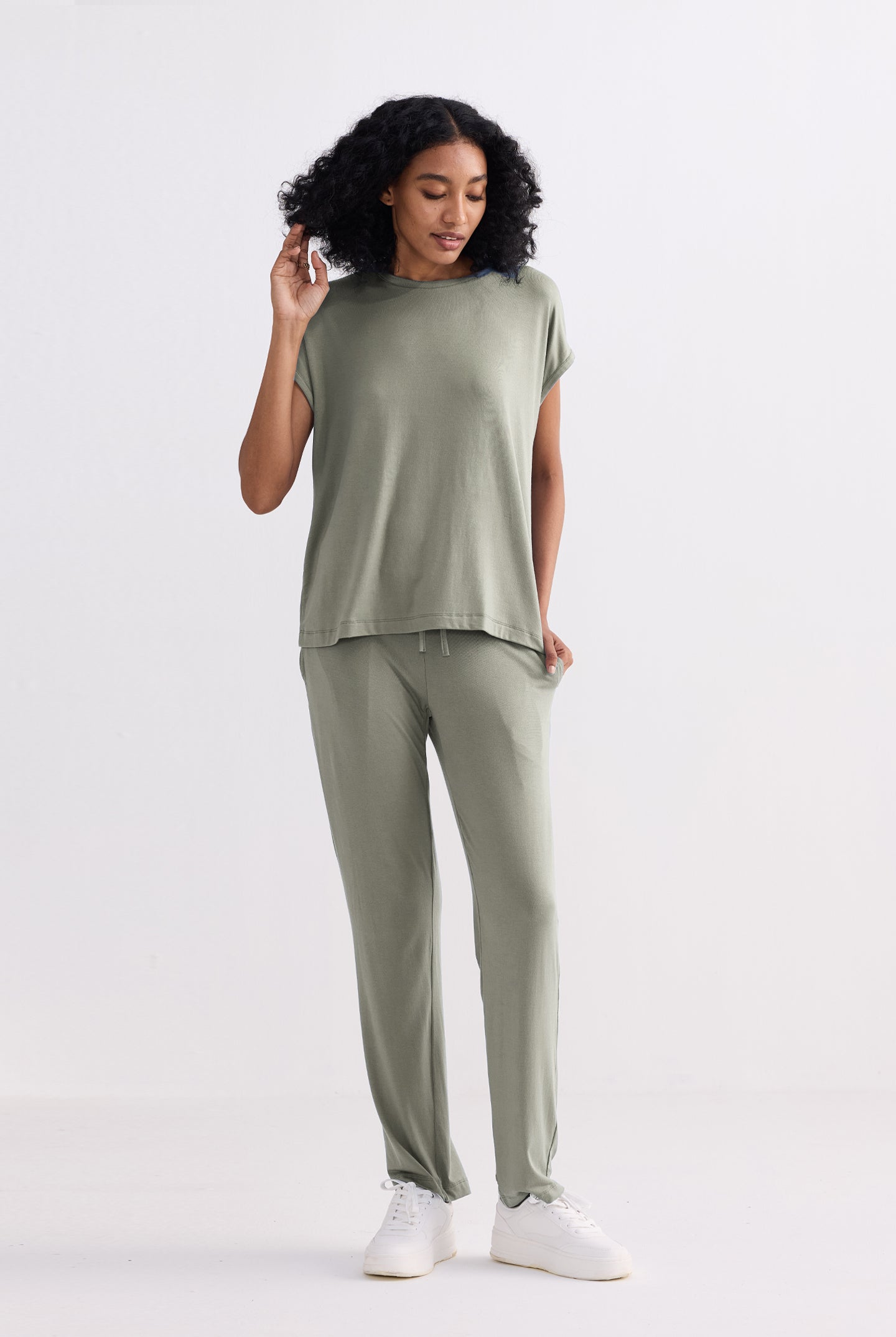 Eco-friendly olive relaxed tee outfit
