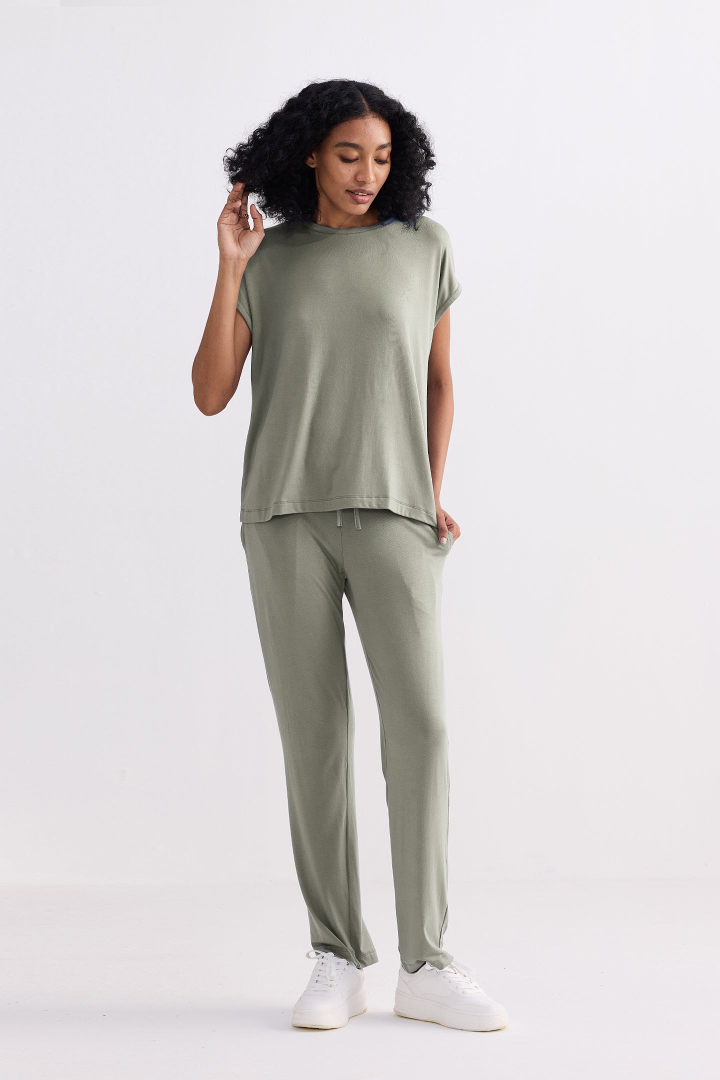 Eco-friendly olive relaxed tee outfit