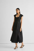Ruched Dress with Front Slit in Black Long Shot