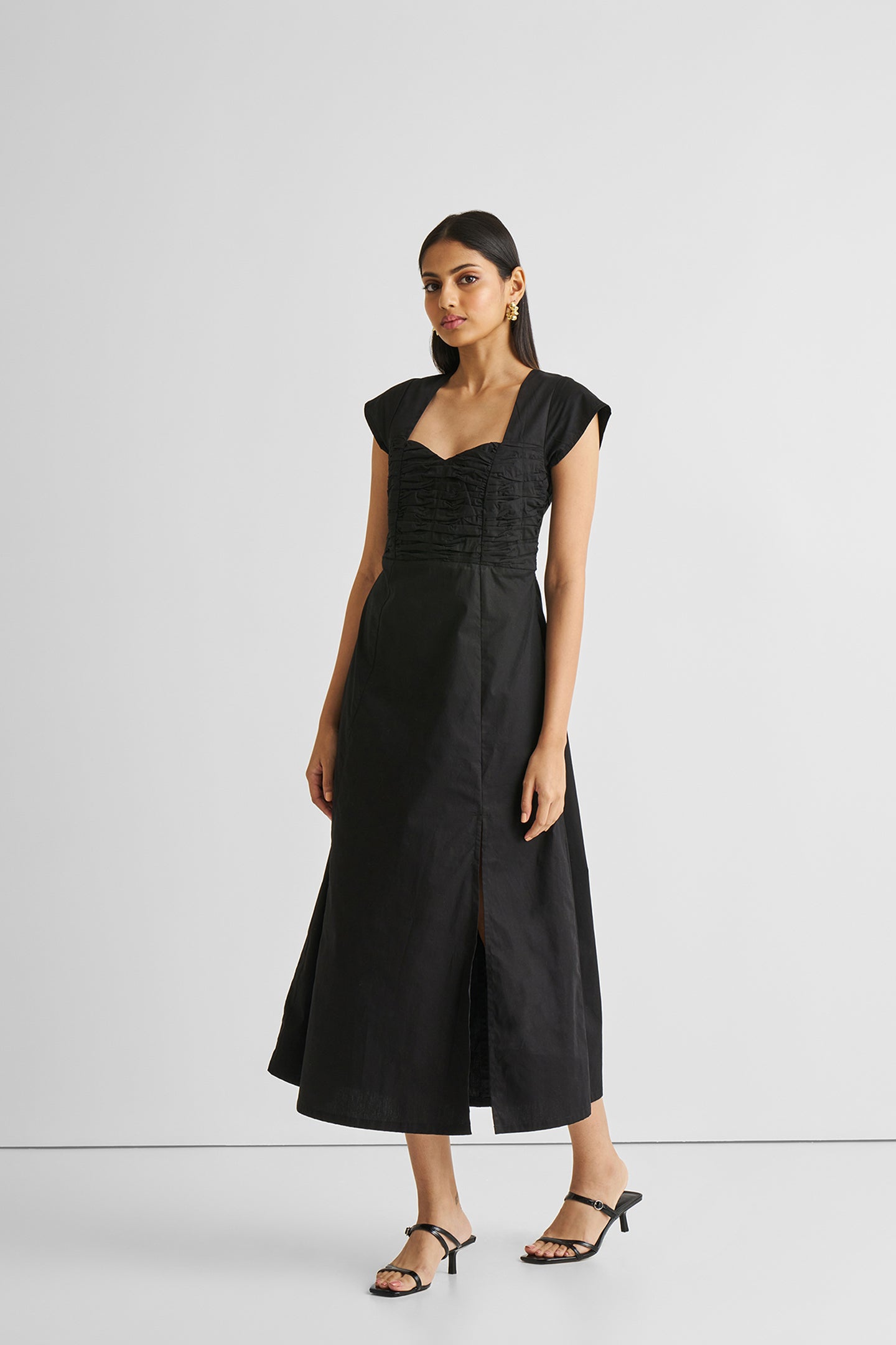 Ruched Dress with Front Slit in Black Long Shot