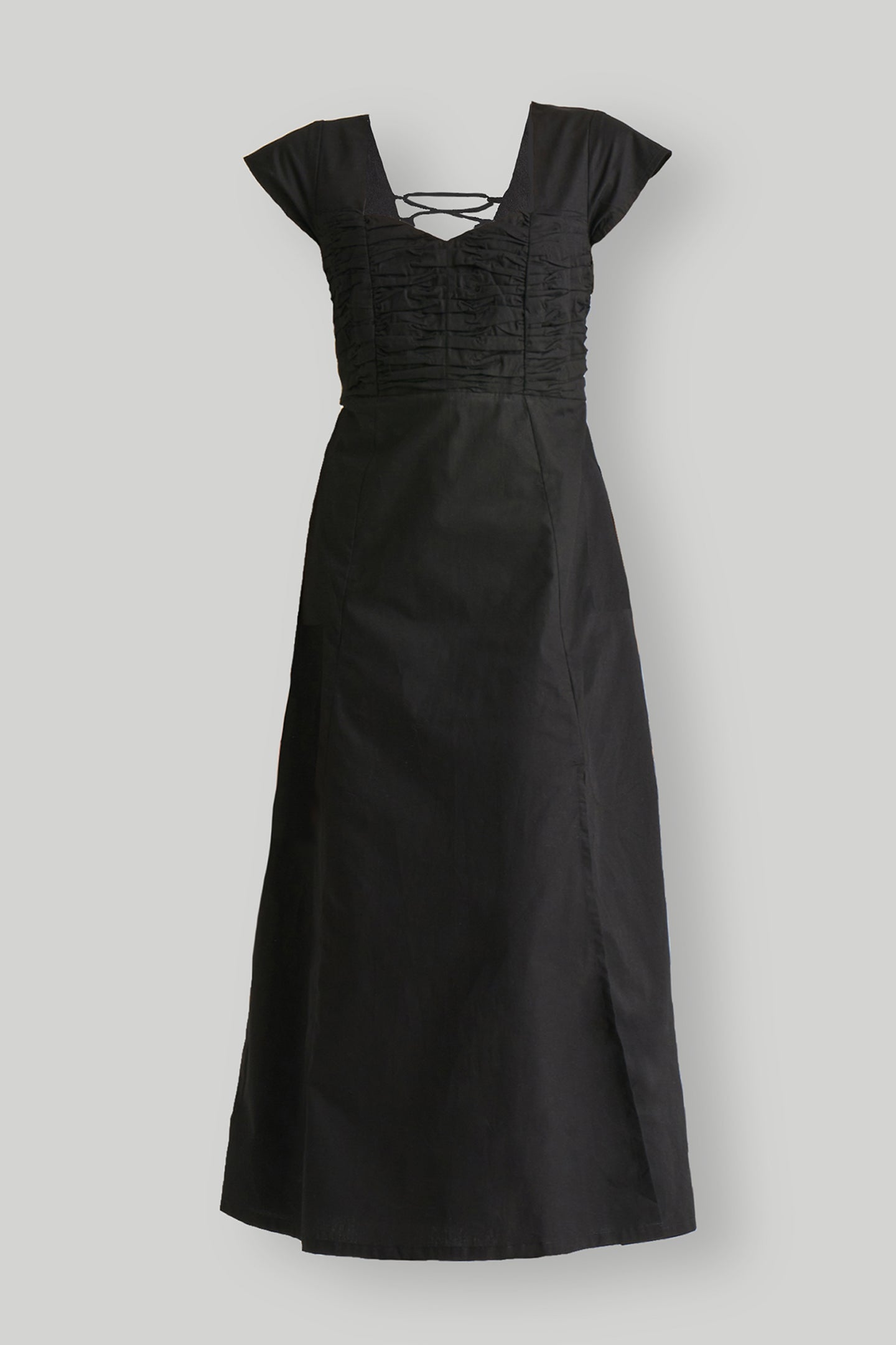 Ruched Dress with Front Slit in Black Flat Lay