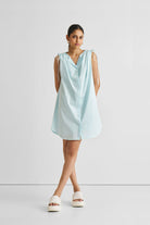 Shirt dress with Shoulder Tie Details in Summer Blue Long Shot