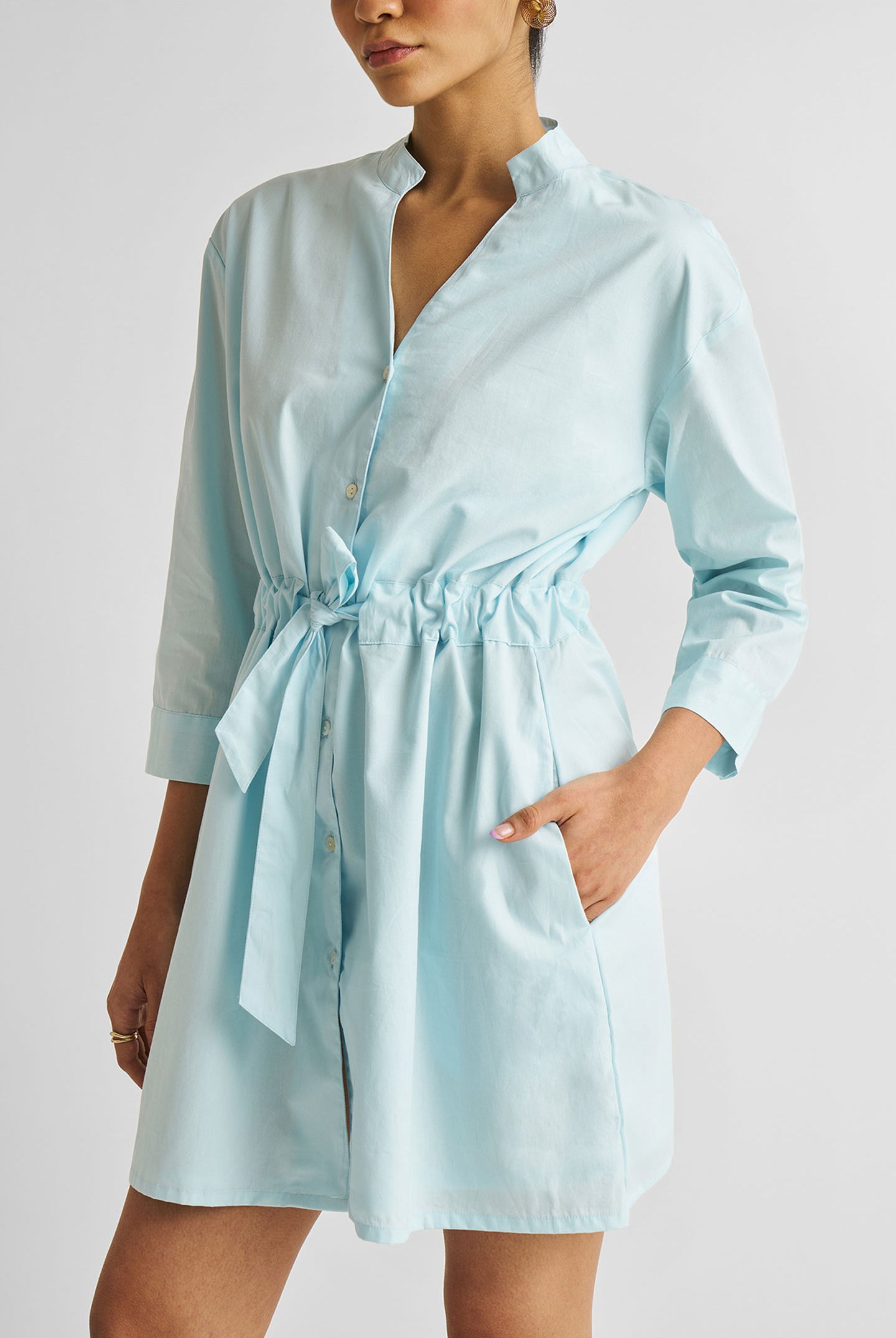 Short Tie Waist Dress in Summer Blue Medium Shot
