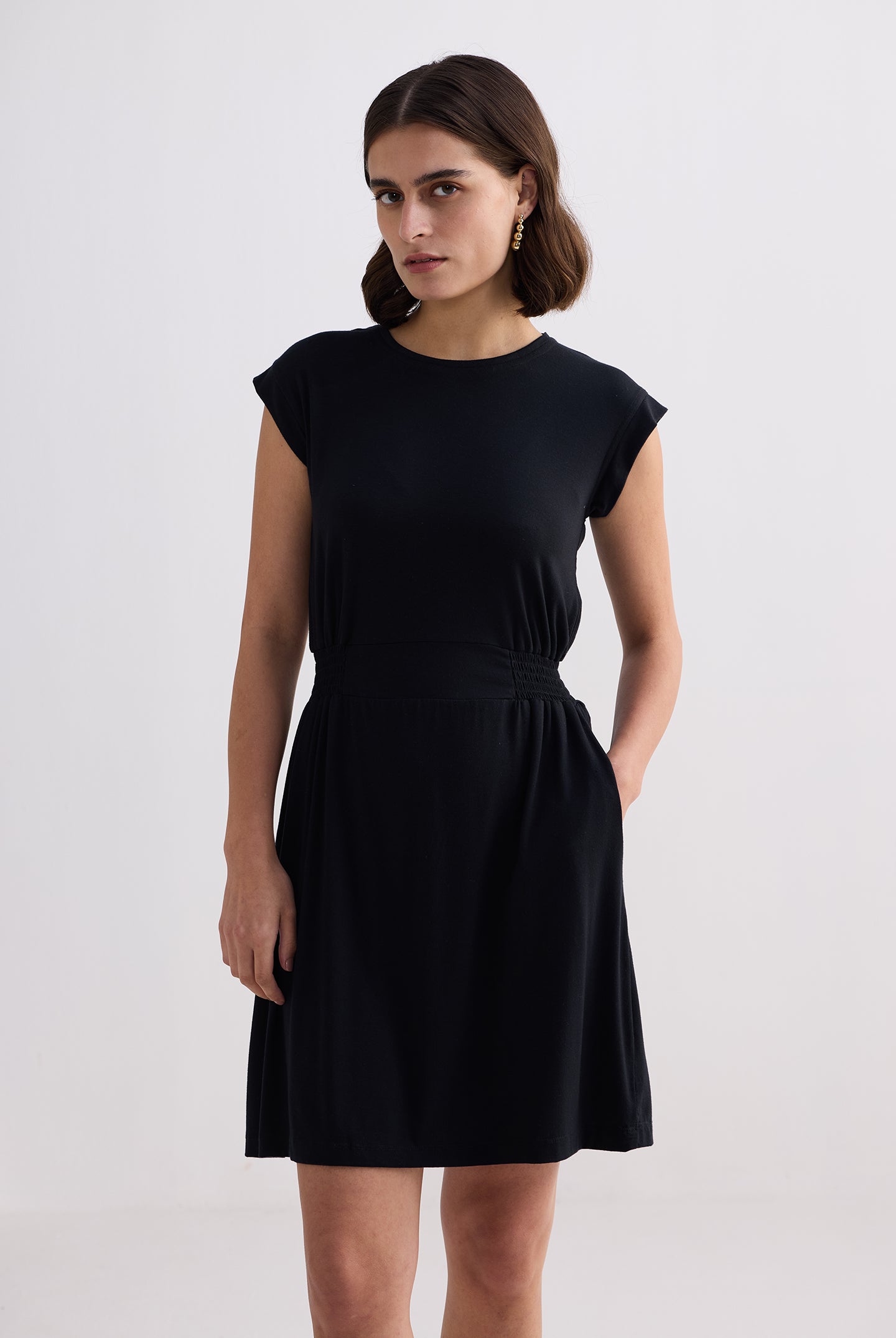 Short Dress With Smocking Side Detail in Black Longshot