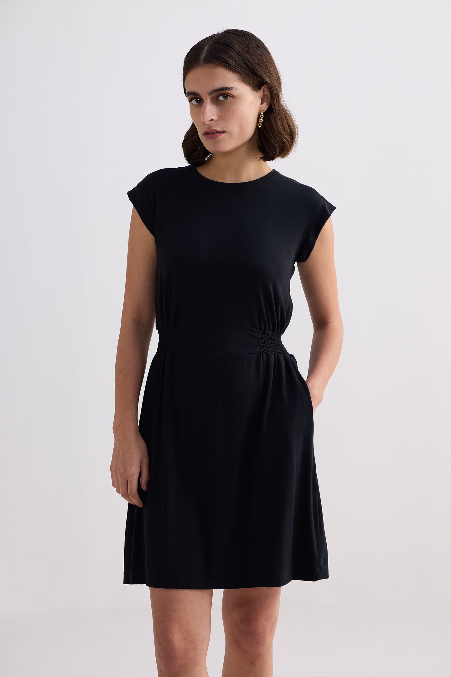 Short Dress With Smocking Side Detail in Black Longshot
