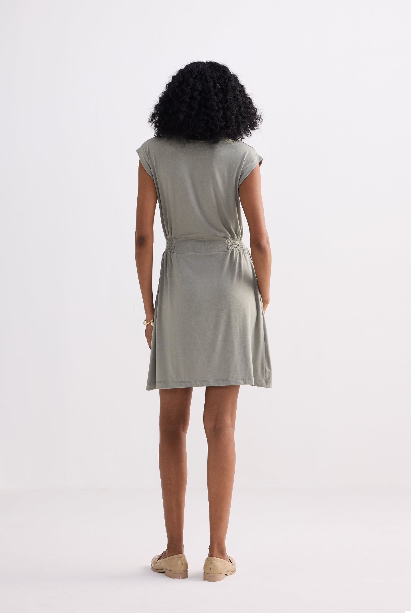 Short Dress With Smocking Side Detail in Light Olive Longshot