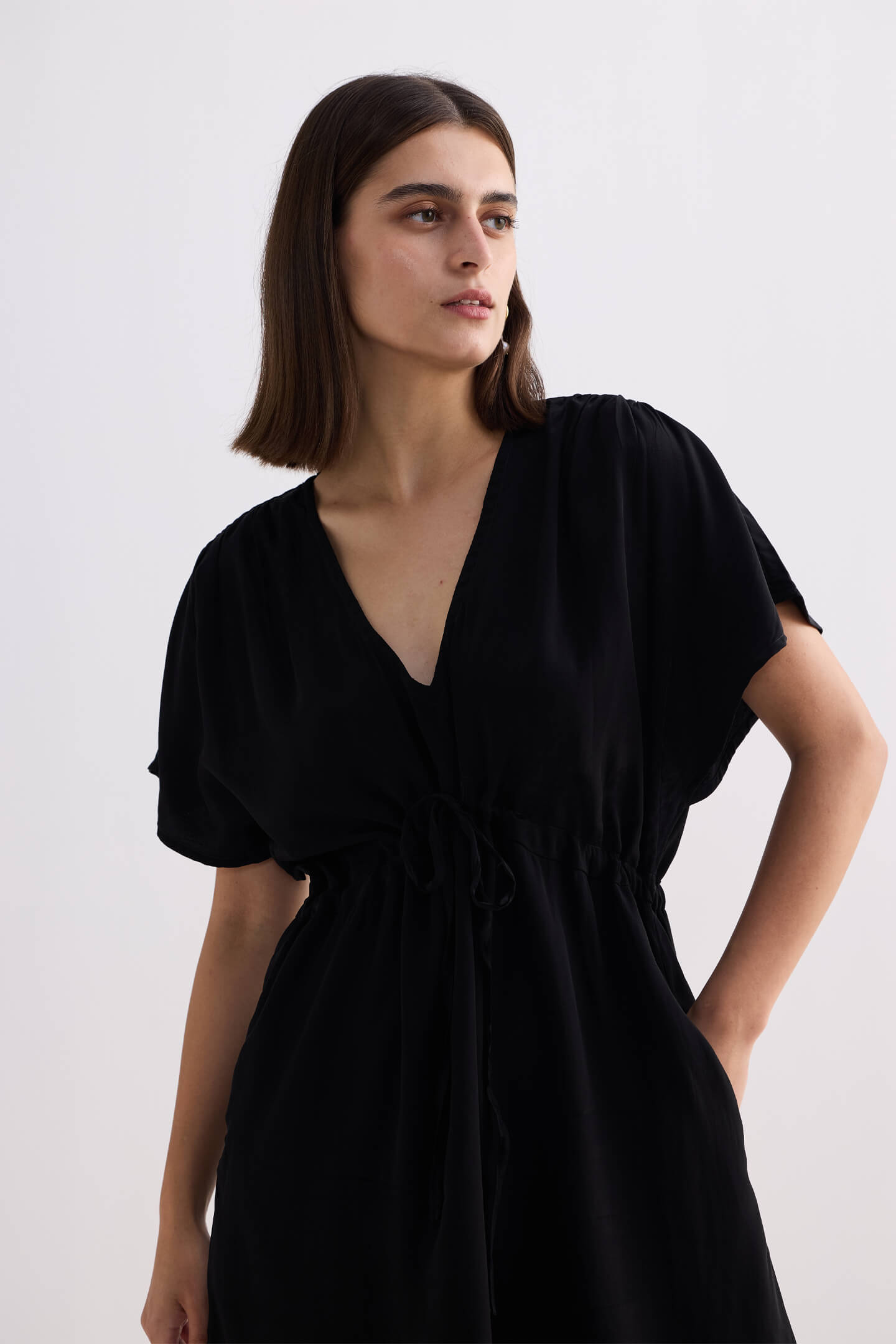 Short gathered Dress in Black Closeup