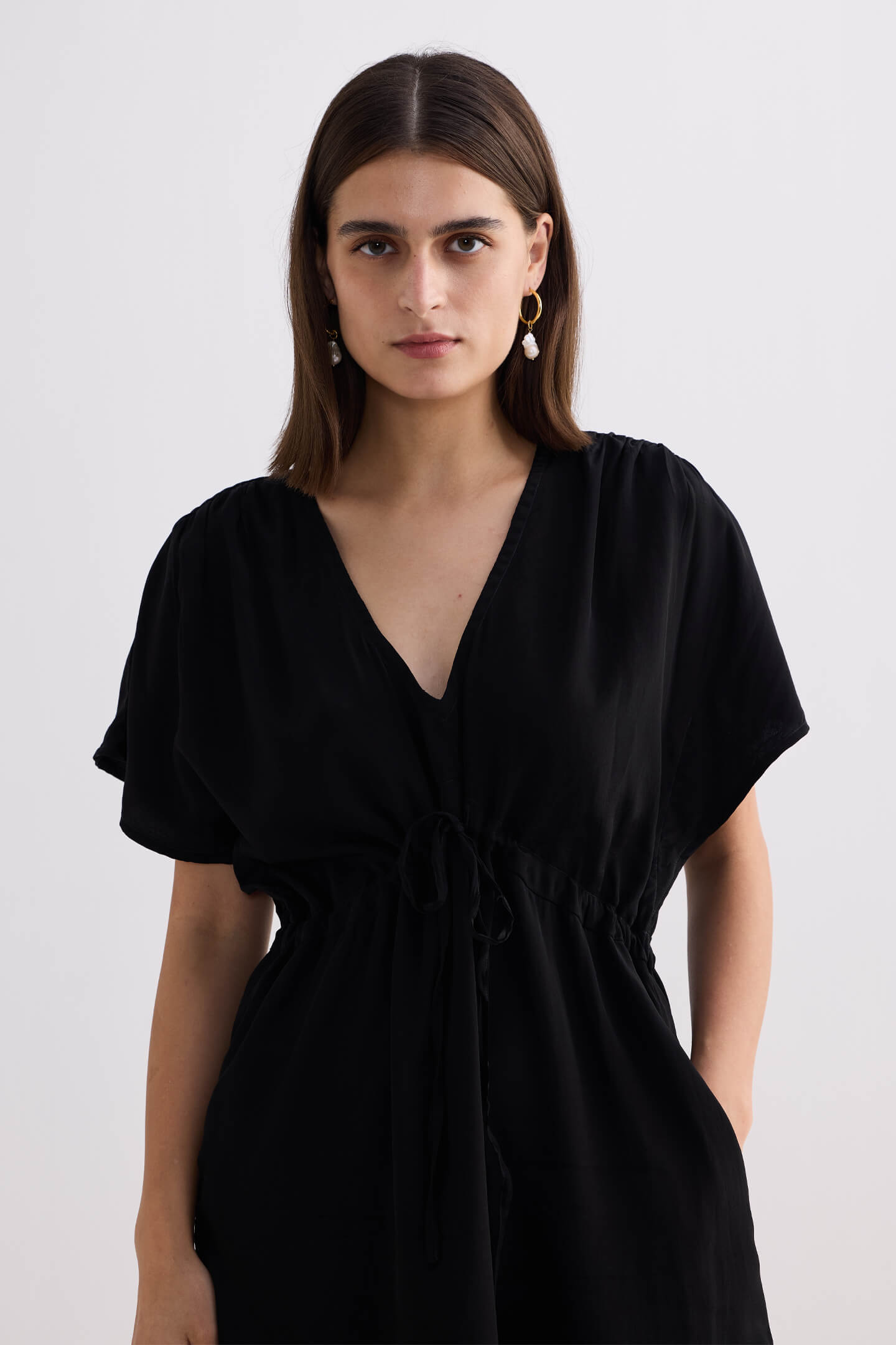 Short gathered Dress in Black Closeup