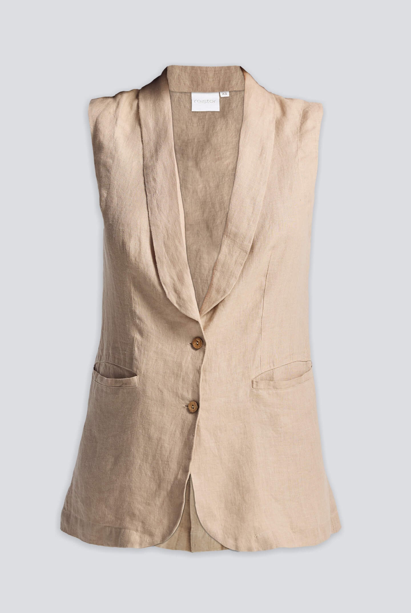 Product-only image of the Reistor Sleeveless Hemp Jacket in beige, featuring a tailored sleeveless design, V-neck lapel, front button closure, and sustainable hemp fabric.