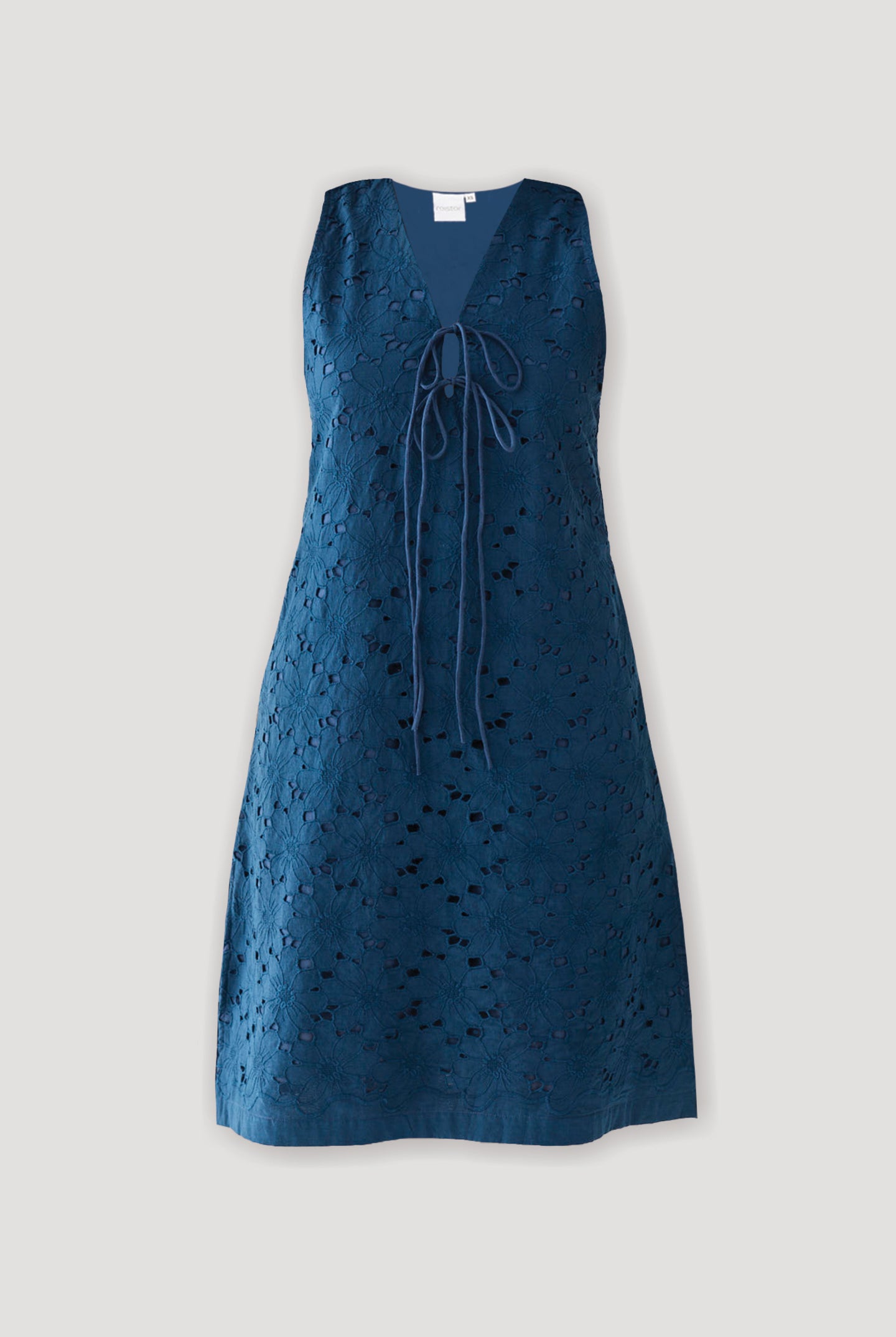 Sleeveless Knee-Length Dress in Blue featuring eyelet embroidery, a V-neckline with self-tie detail, and a relaxed A-line silhouette on a plain background.