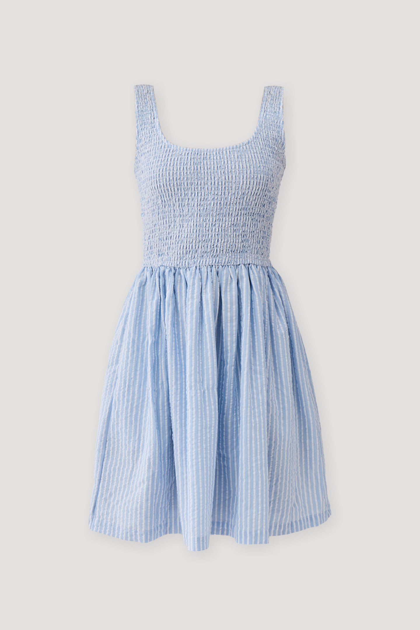 Blue striped dress on a light gray background