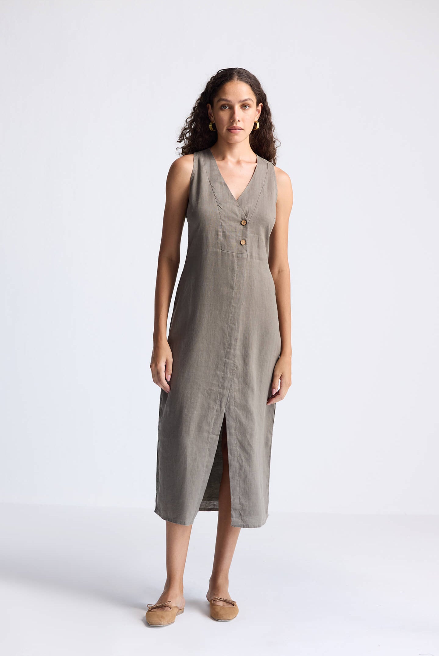 Straight Dress with Front Slit in Dark Green Hemp Long Shot