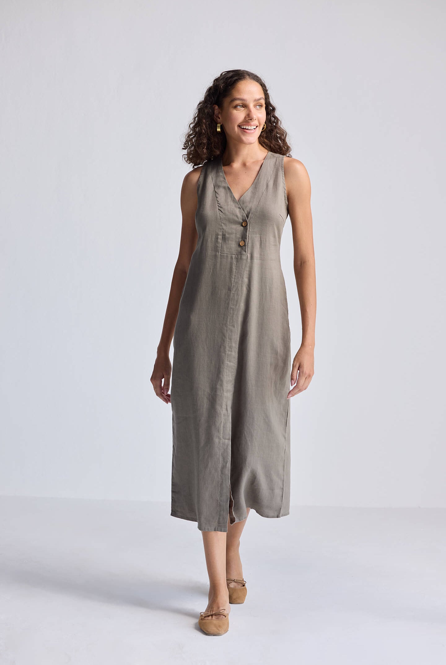 Straight Dress with Front Slit in Dark Green Hemp Long Shot
