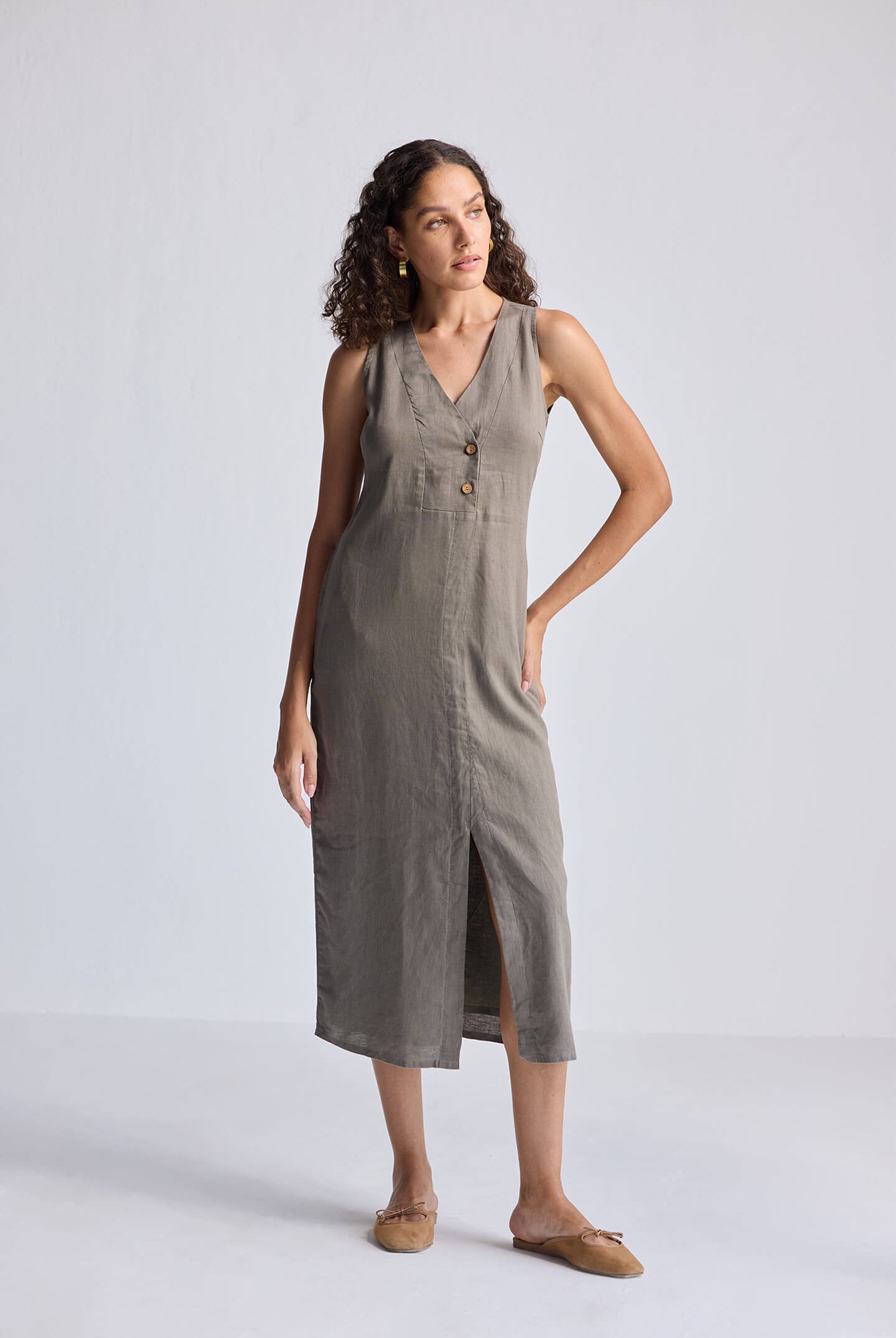 Straight Dress with Front Slit in Dark Green Hemp Long Shot