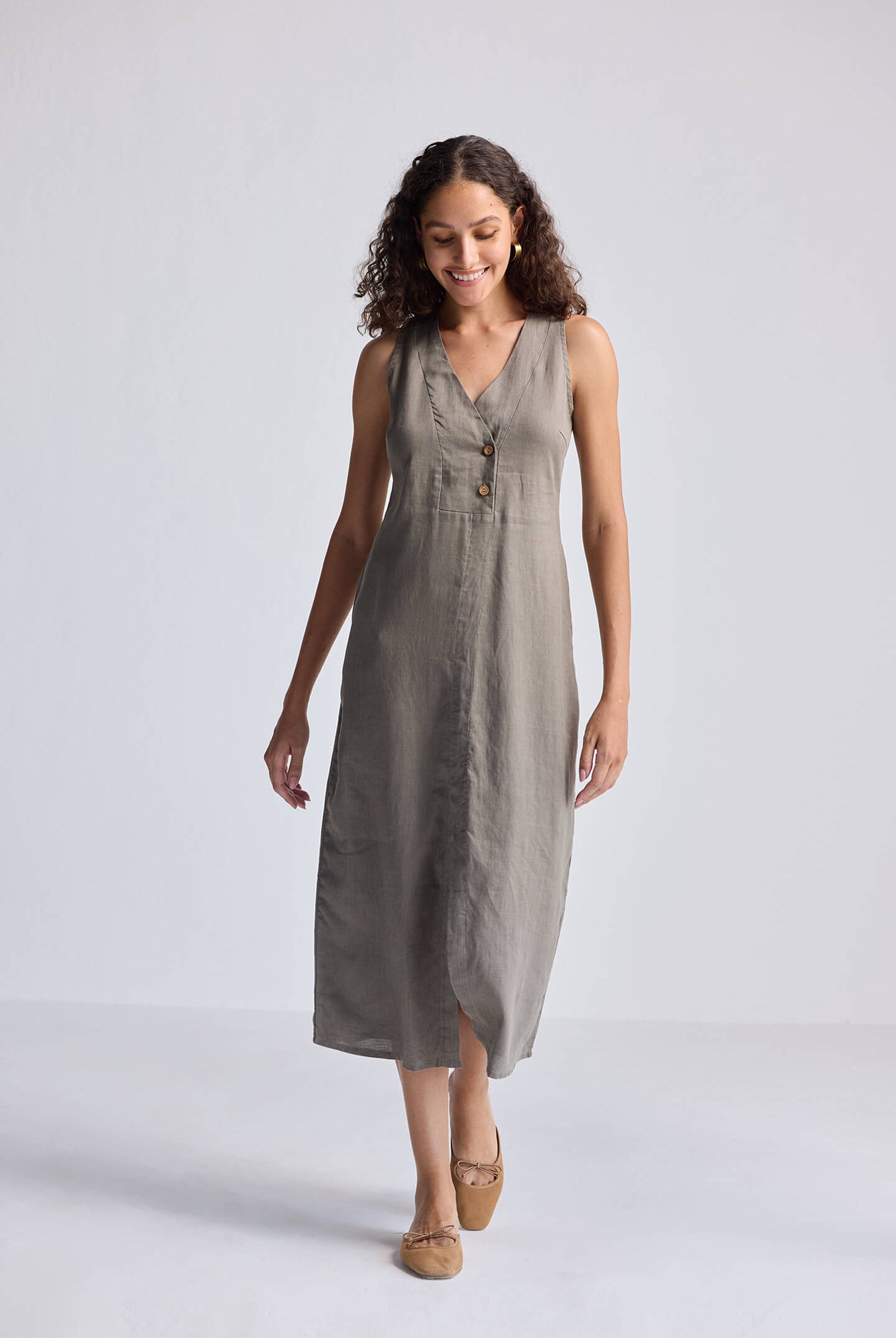 Straight Dress with Front Slit in Dark Green Hemp Long Shot