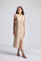 Straight Dress with Front Slit in Neutral Beige Hemp Long Shot