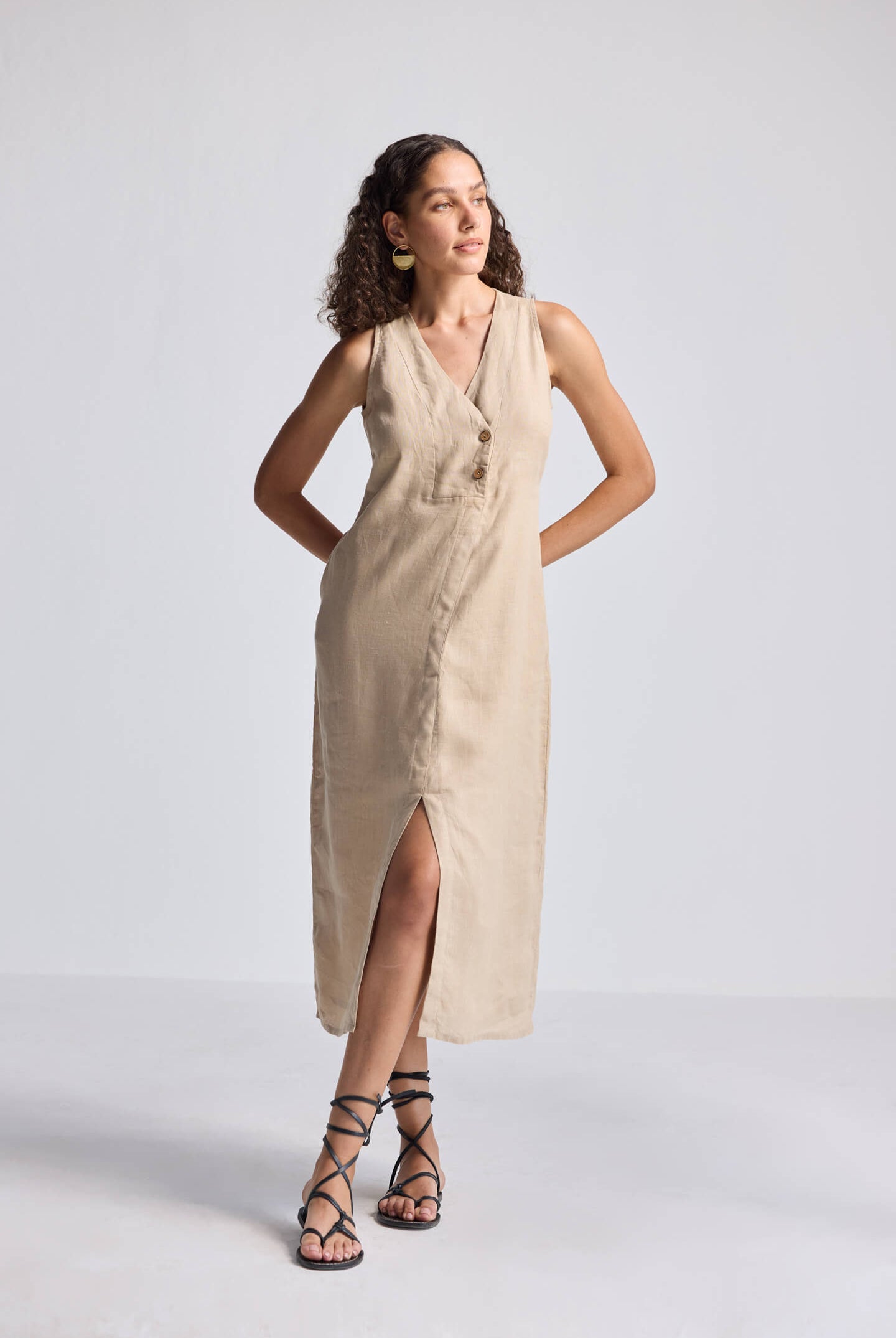 Straight Dress with Front Slit in Neutral Beige Hemp Long Shot