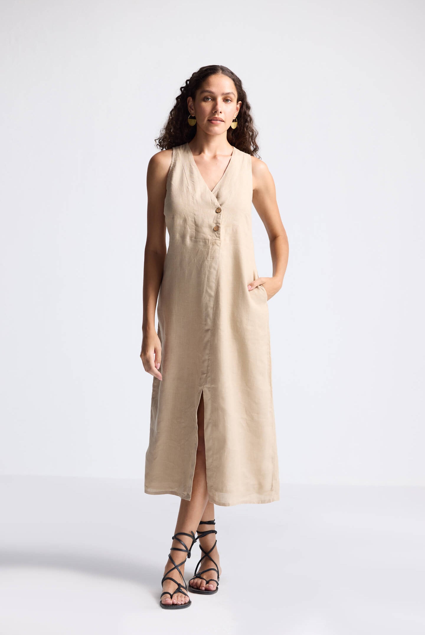 Straight Dress with Front Slit in Neutral Beige Hemp Long Shot
