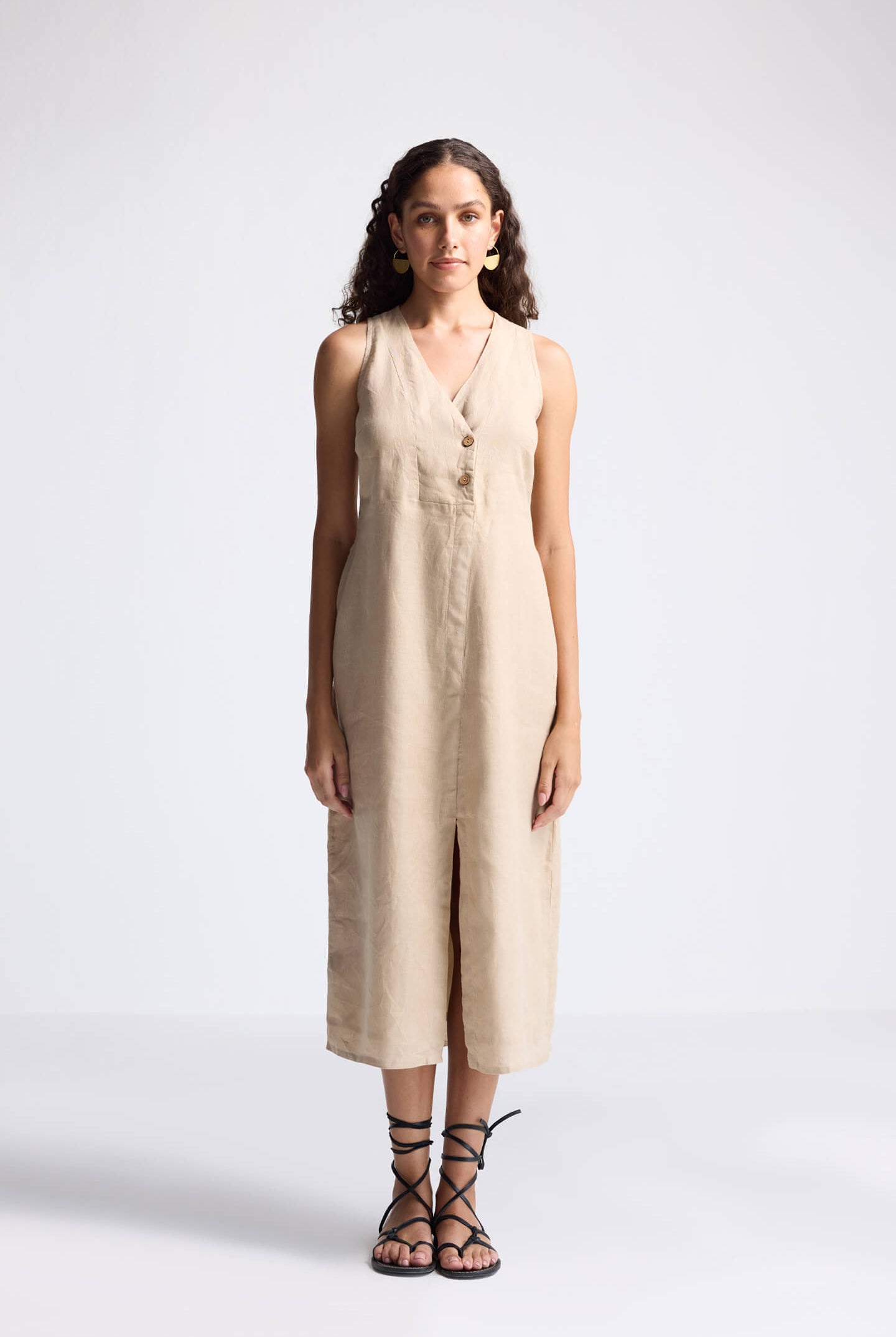 Straight Dress with Front Slit in Neutral Beige Hemp Long Shot