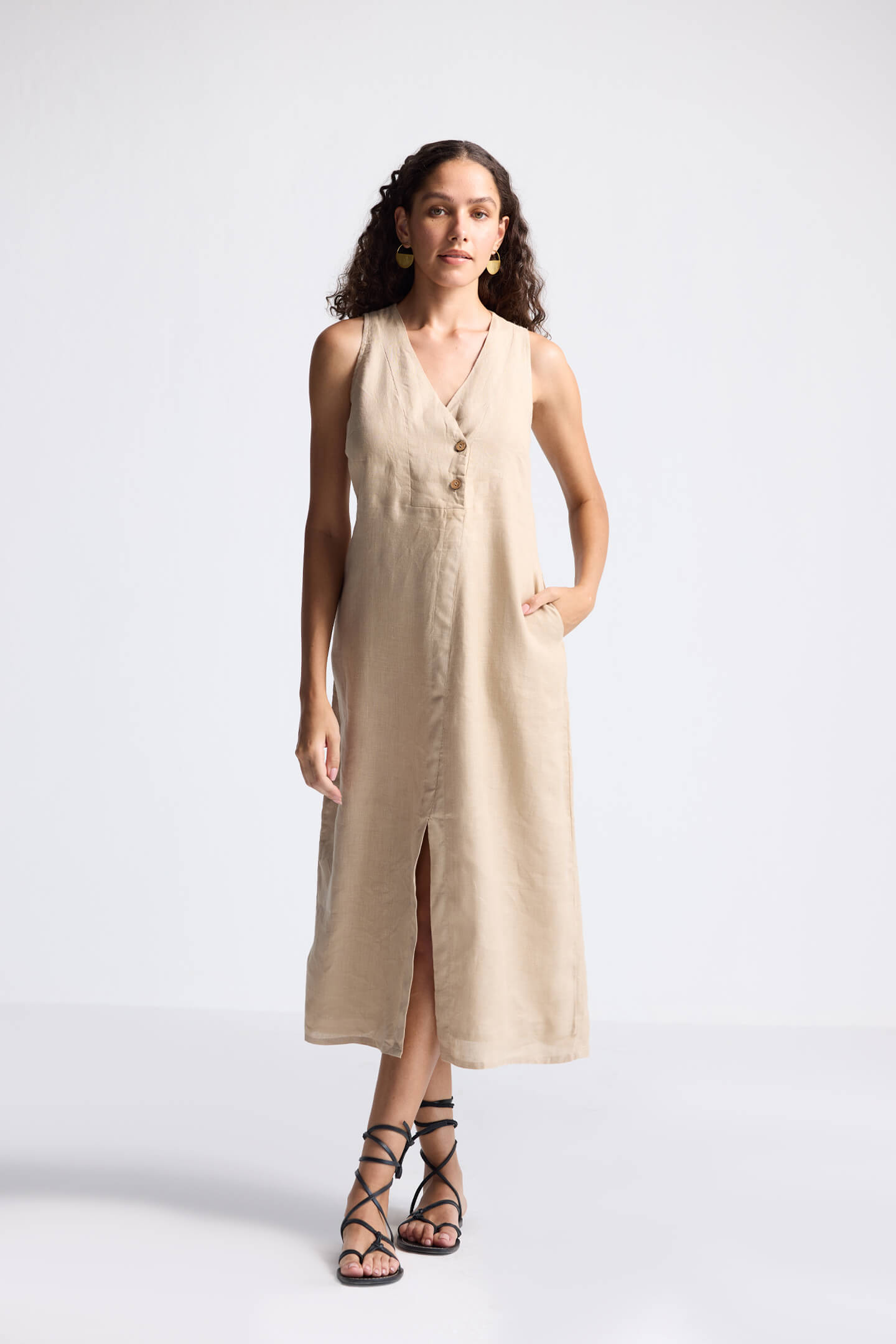 Straight Dress with Front Slit in Neutral Beige Hemp for Women by Reistor, sleeveless casual midi dress with pockets, perfect for summer and everyday wear